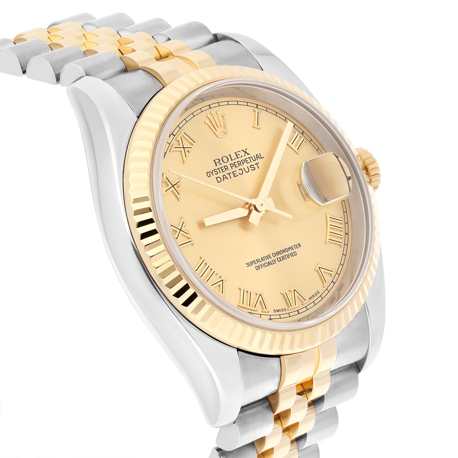 Women's or Men's Rolex Datejust 36 Gold & Steel 116233 Watch Champagne Roman Dial Jubilee Watch For Sale