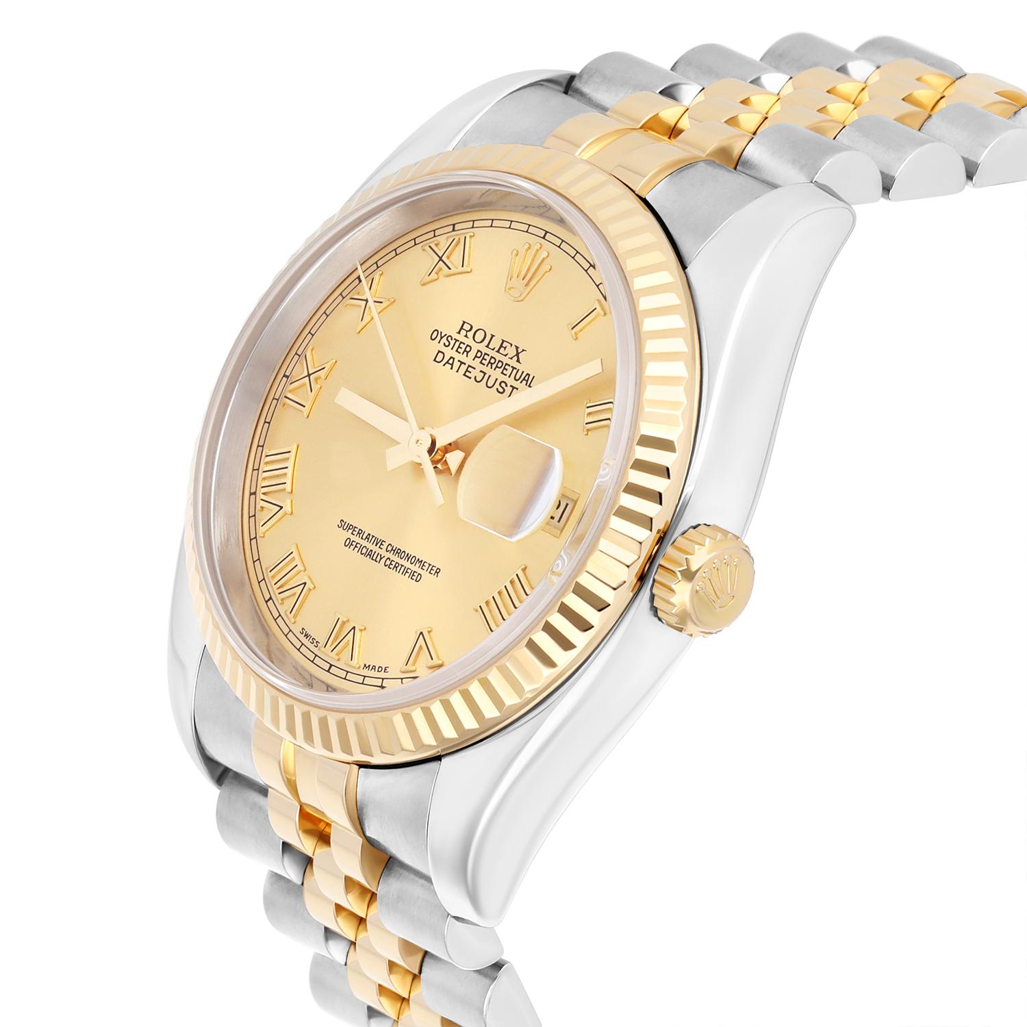 Rolex Datejust 36 Gold & Steel 116233 Watch Champagne Roman Dial Jubilee Watch For Sale 1