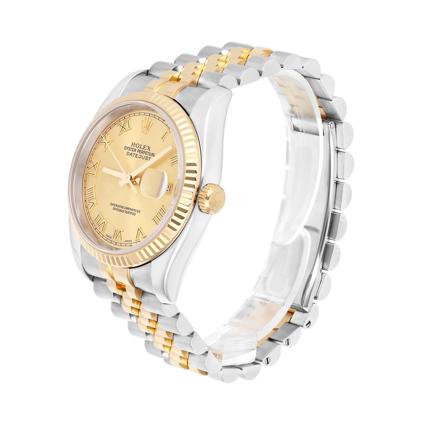 Rolex Datejust 36 Gold & Steel 116233 Watch Champagne Roman Dial Jubilee Watch For Sale 2