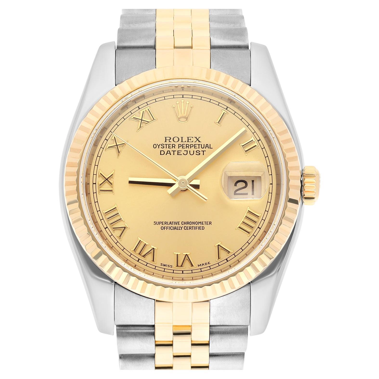 Rolex Datejust 36 Gold & Steel 116233 Watch Champagne Roman Dial Jubilee Watch For Sale