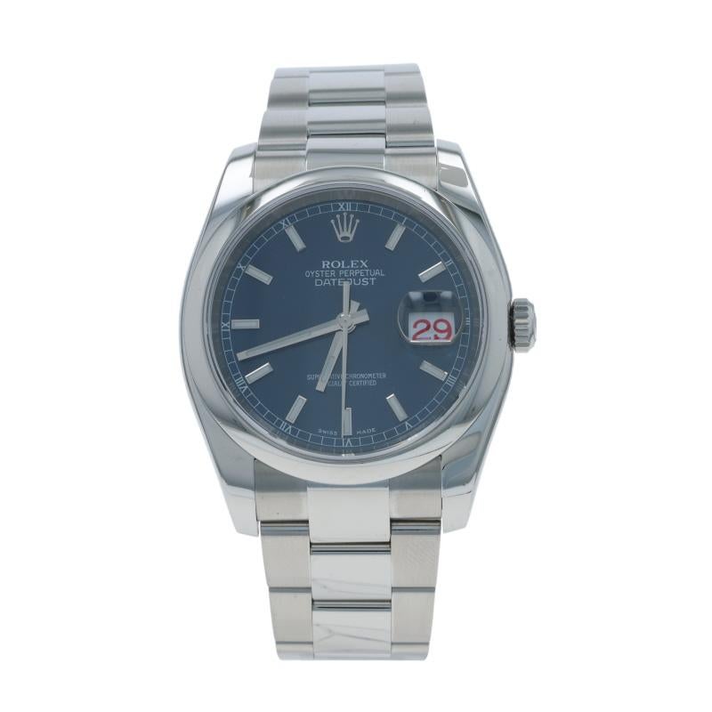 Marchio: Rolex
Modello: Datejust 36
Model No.: 116200
Movimento: Automatico
Anno: 2005
Garanzia: 1 anno
Fabbricante del movimento: Svizzero
Colore del quadrante: blu

Contenuto metallico: Acciaio inossidabile

Tipo di chiusura: Fibbia