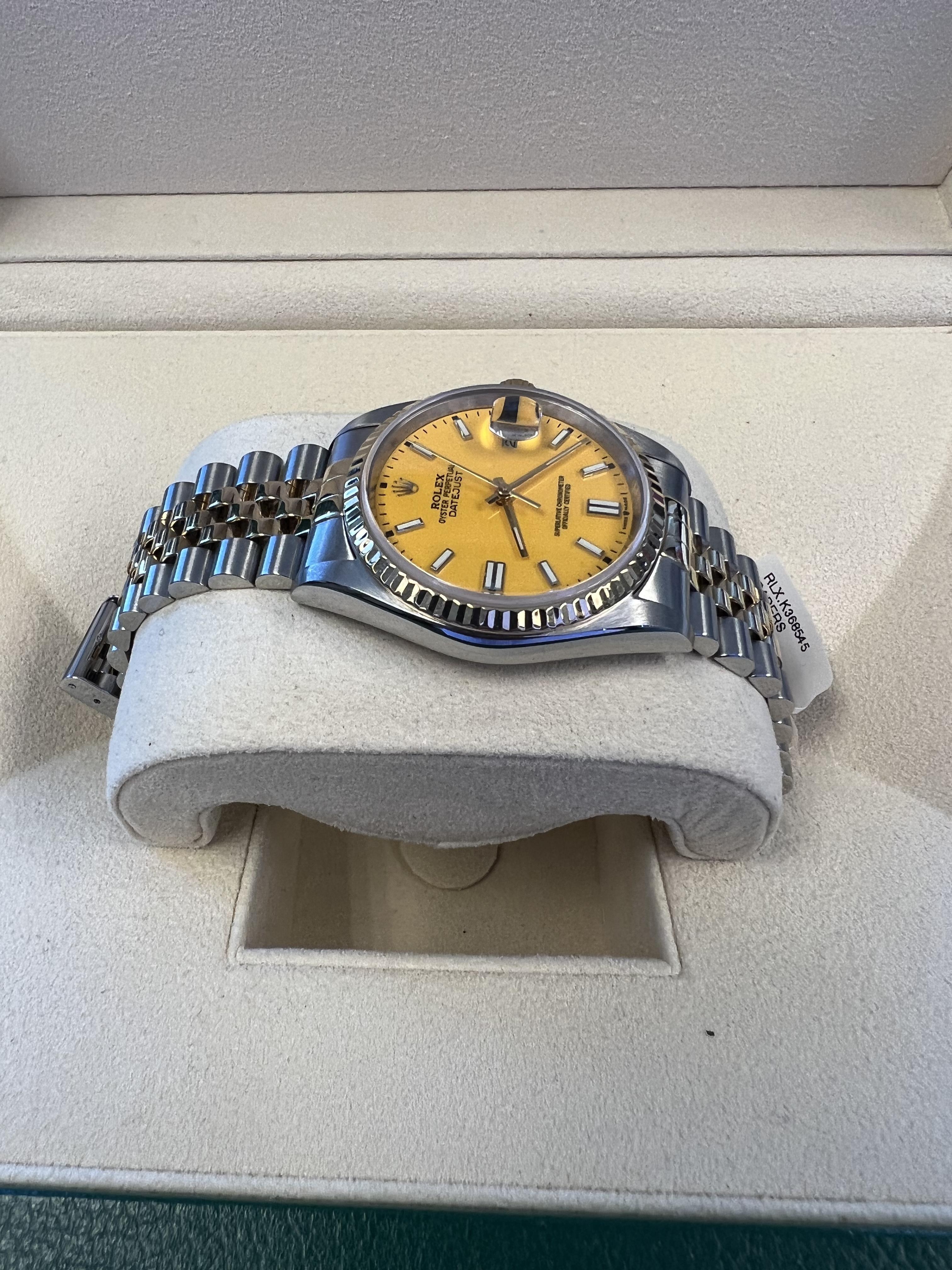 Contemporary Rolex Datejust 36 Mint Custom Yellow Dial Box and Papers For Sale