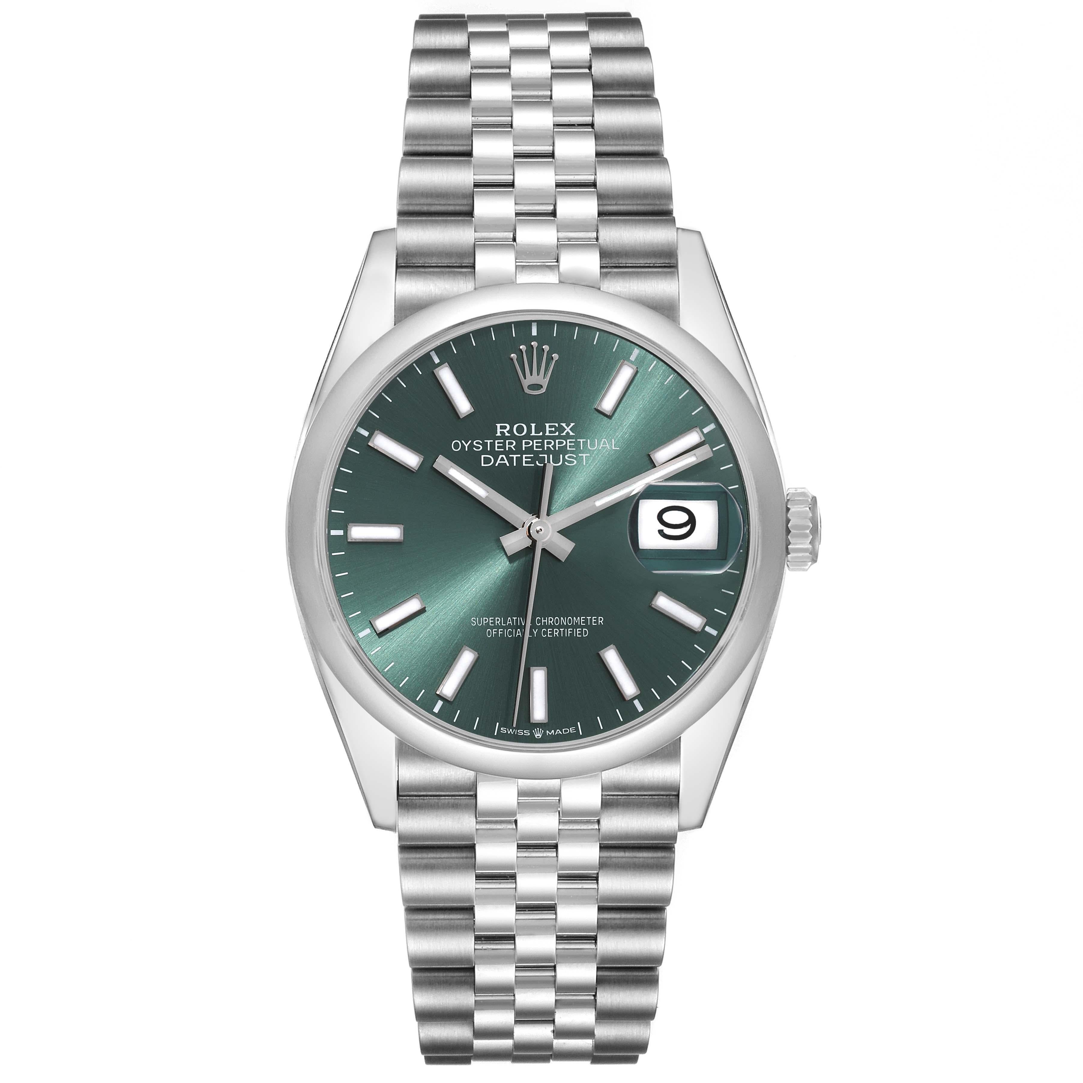 Rolex Datejust 36 Mint Green Dial Steel Mens Watch 126200 Box Card. Officially certified chronometer self-winding movement. Stainless steel case 36.0 mm in diameter. Rolex logo on a crown. Stainless steel smooth domed bezel. Scratch resistant