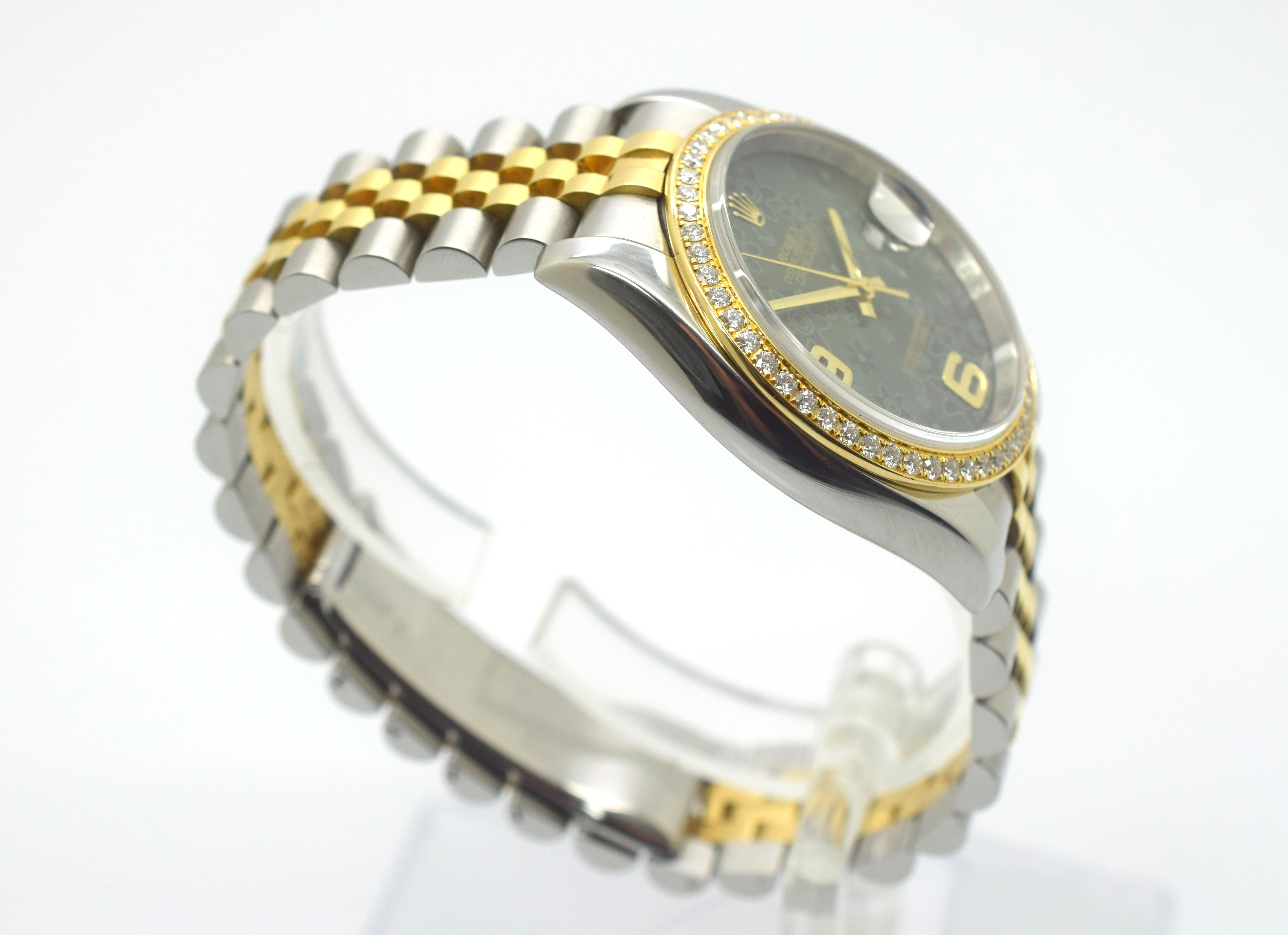 Modern Rolex Datejust Green Floral Dial S.S. 18 Karat Yellow Gold 116243