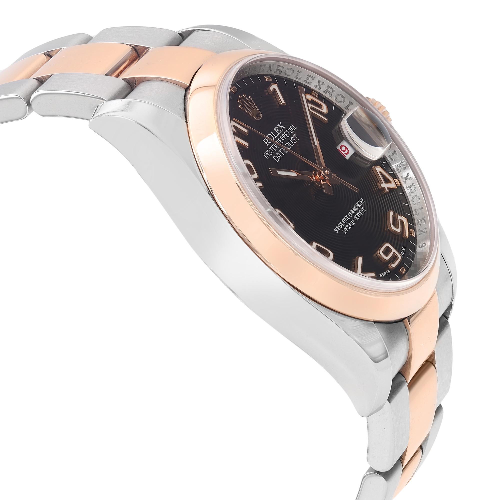 Women's or Men's Rolex Datejust 36 mm Steel 18k Rose Gold Black Concentric Watch 116201