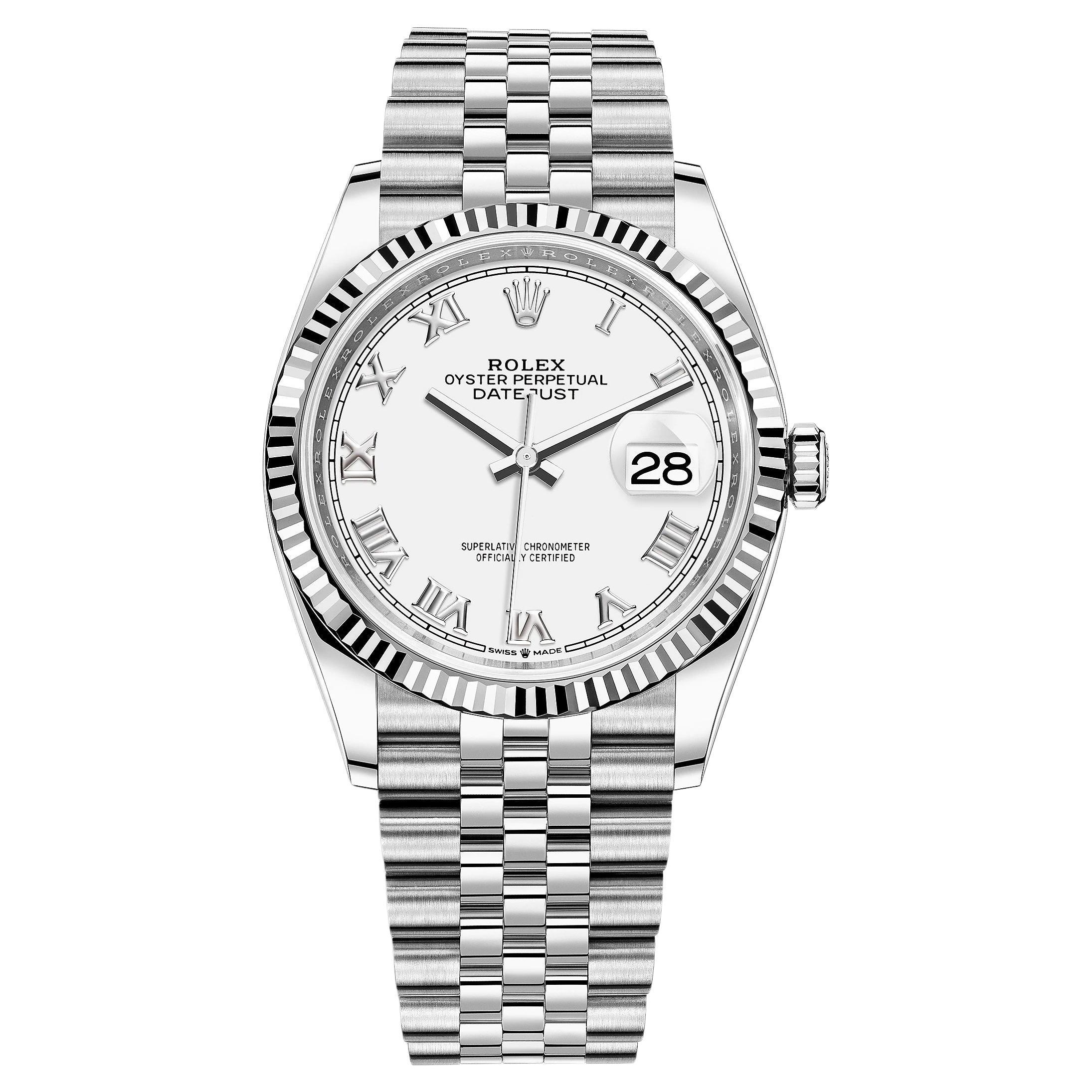 Rolex Datejust, White Roman, Jubilee, Fluted, 126234, Unworn Watch, Complete For Sale