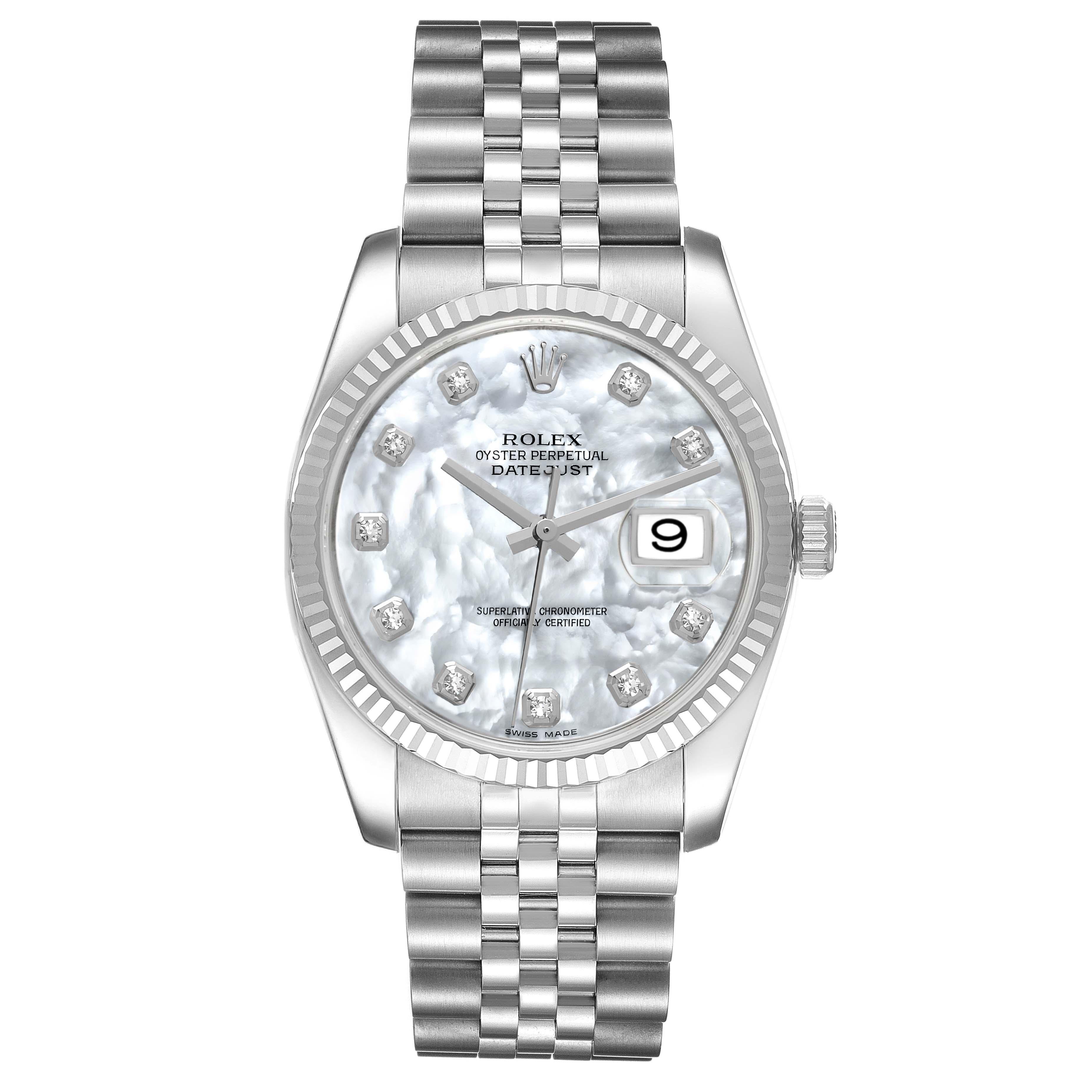 Rolex Datejust 36 Mother of Pearl Diamond Dial Steel Mens Watch 116234. Officially certified chronometer self-winding movement. Stainless steel case 36 mm in diameter.  Rolex logo on the crown. 18K white gold fluted bezel. Scratch resistant sapphire