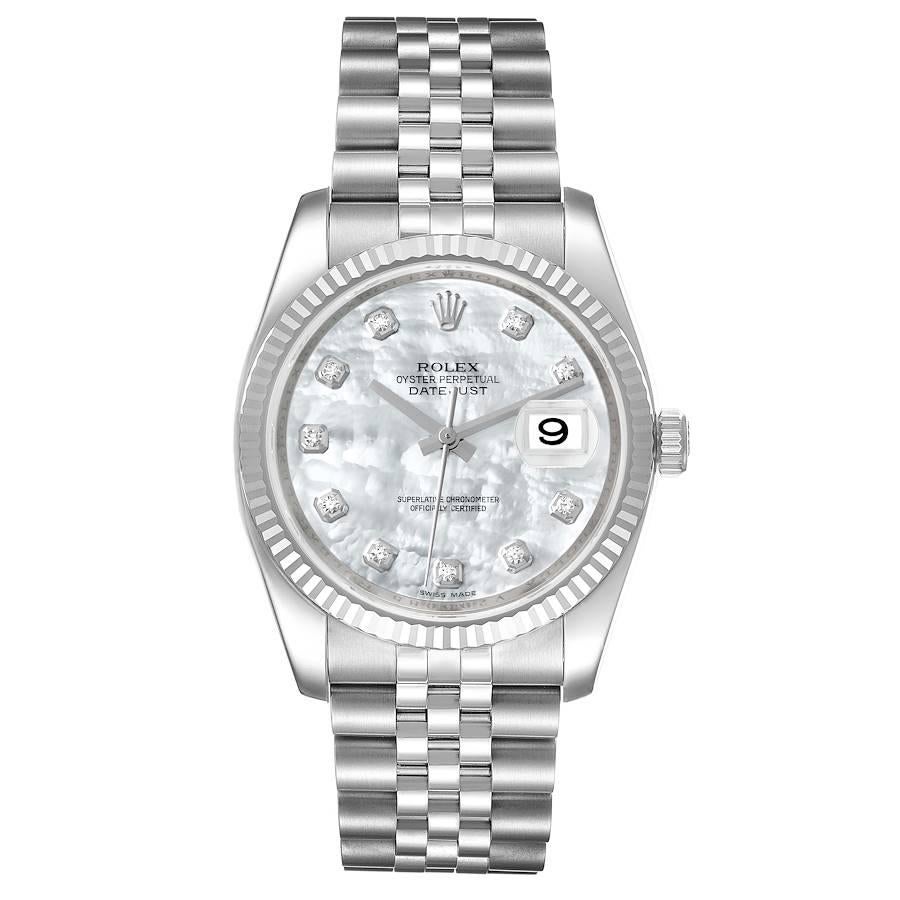 Rolex Datejust 36 Perlmutt Diamant Unisex Uhr 116234. Offiziell zertifiziertes Chronometerwerk mit automatischem Aufzug. Gehäuse aus rostfreiem Stahl mit einem Durchmesser von 36 mm.  Rolex Logo auf einer Krone. Lünette aus 18 Karat Weißgold mit