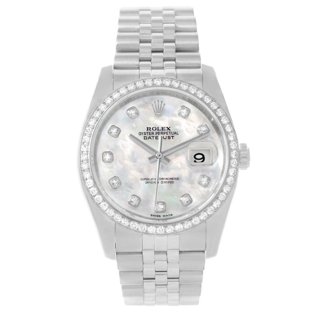Rolex Datejust 36 Mother of Pearl Diamond Unisex Watch 116244. Officially certified chronometer automatic self-winding movement. Stainless steel case 36 mm in diameter. High polished lugs. Rolex logo on a crown. Original Rolex 18K white gold diamond