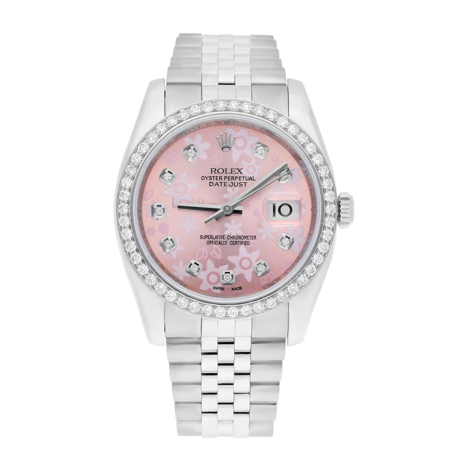Brand: Rolex
Series: Datejust
Model: 116234
Case Diameter: 36 mm
Bracelet: Jubilee band; stainless steel
Bezel: Custom Diamond Set
Dial: Aftermarket
Carat Weight: 1.62 carats in total diamond weight
The sale includes a Rolex watch box and an