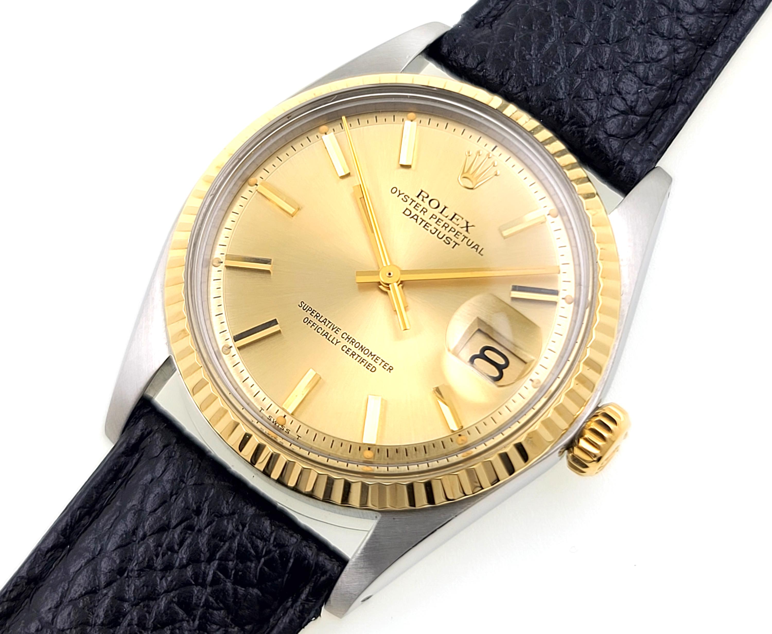 Rolex Datejust 36 Oyster Perpetual 1601 Gold Sunburst Dial 18k Gold Steel 16013 In Excellent Condition In PARIS, FR