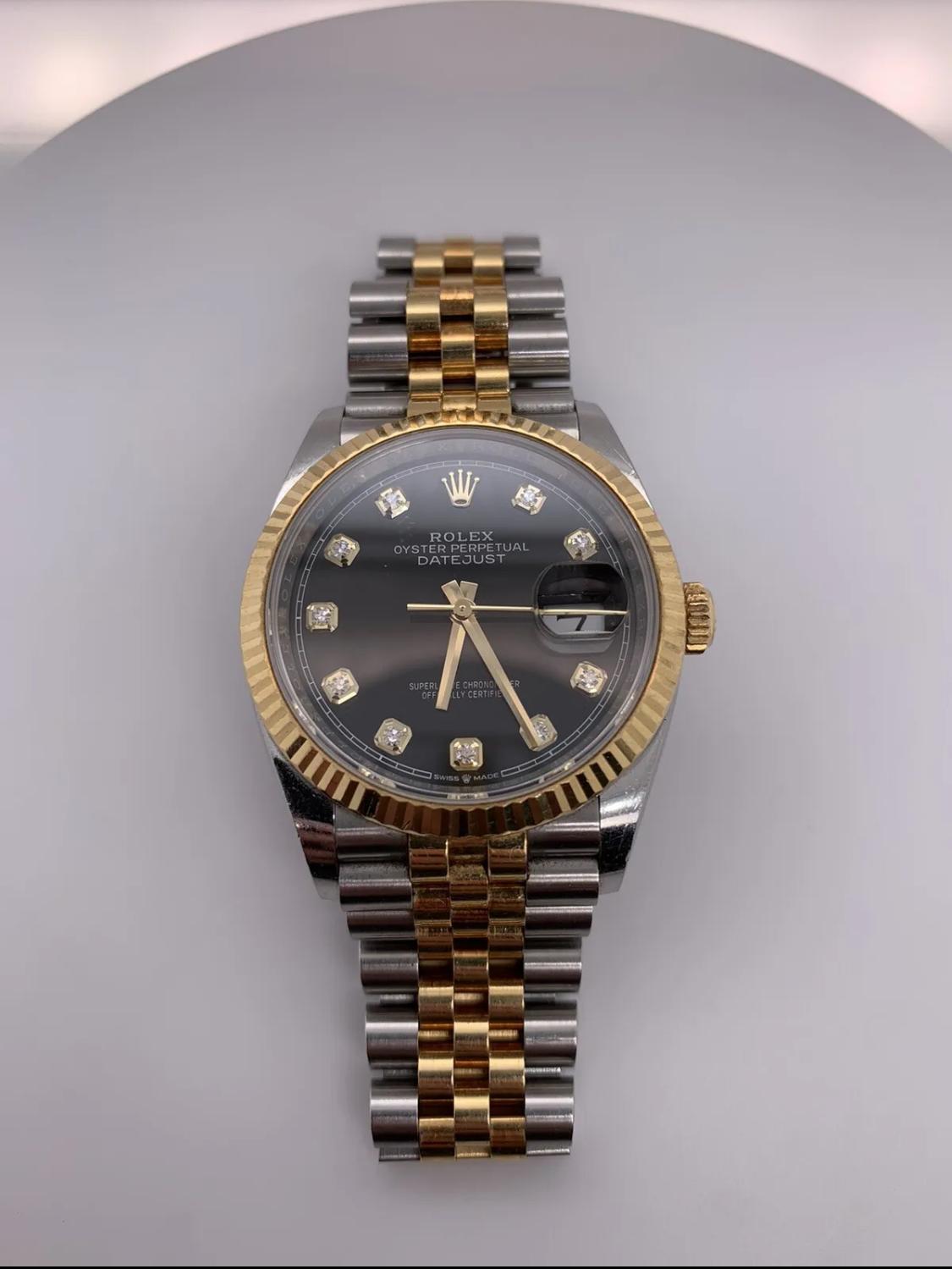 Rolex datejust 36 Oyster Stahl- und Gelbgold-Zifferblatt mit schwarzem Diamantenbesatz 126233 im Angebot 7