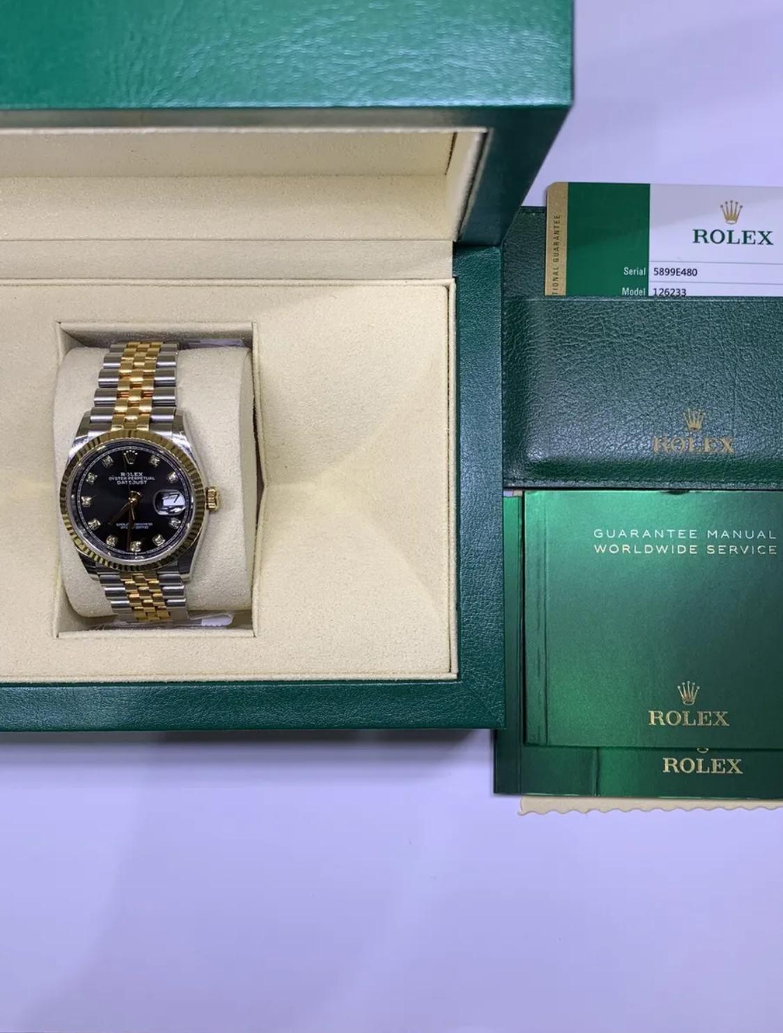 Rolex datejust 36 Oyster Stahl- und Gelbgold-Zifferblatt mit schwarzem Diamantenbesatz 126233 im Angebot 10