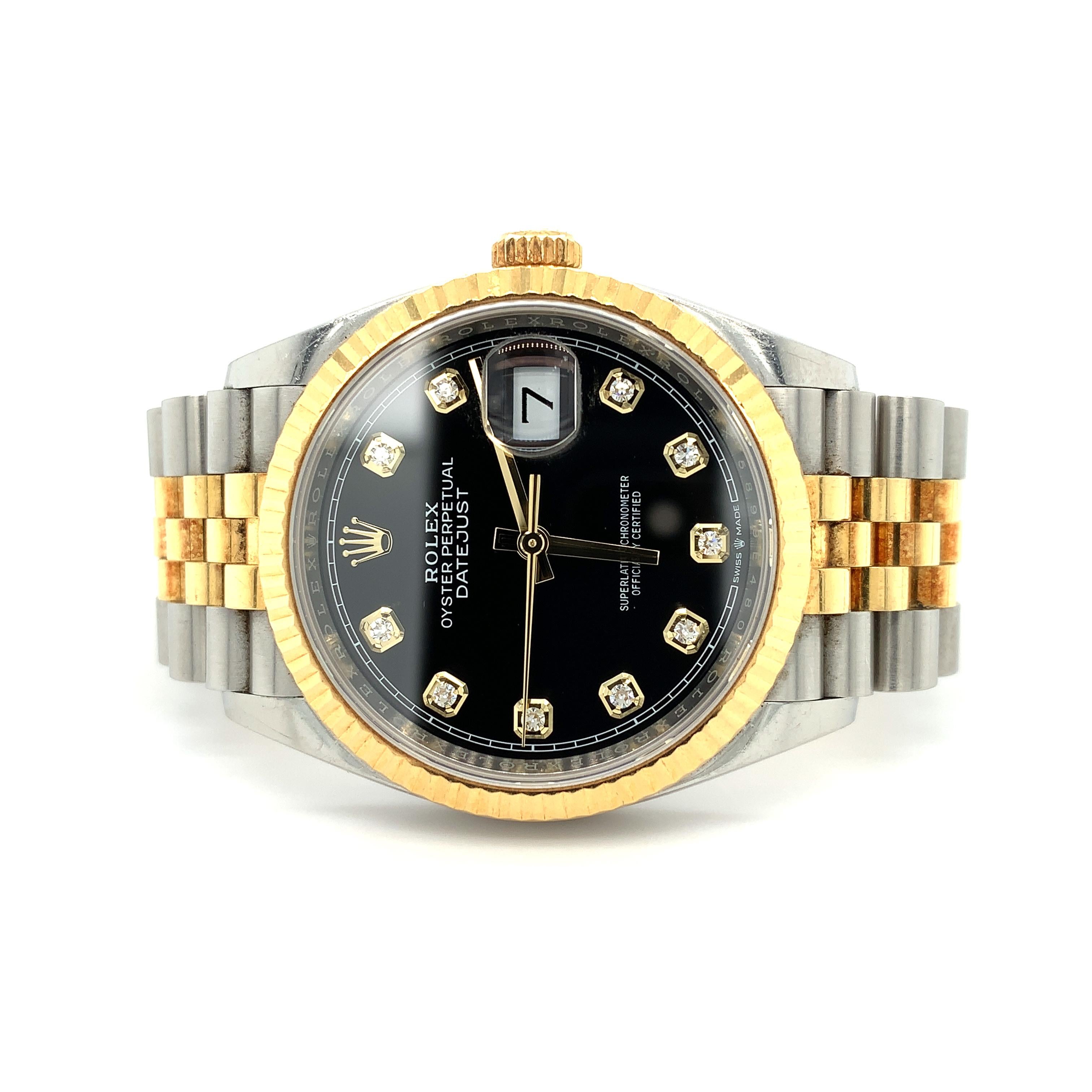 Rolex Unisex Oyster Datejust 36, Oystersteel und 18k Gelbgold, Referenz 126233
Diese wunderschöne Unisex-Rolex Oyster Perpetual Datejust 36 aus Oystersteel und 18 Karat Gelbgold verfügt über ein leuchtend schwarzes, diamantbesetztes Zifferblatt und