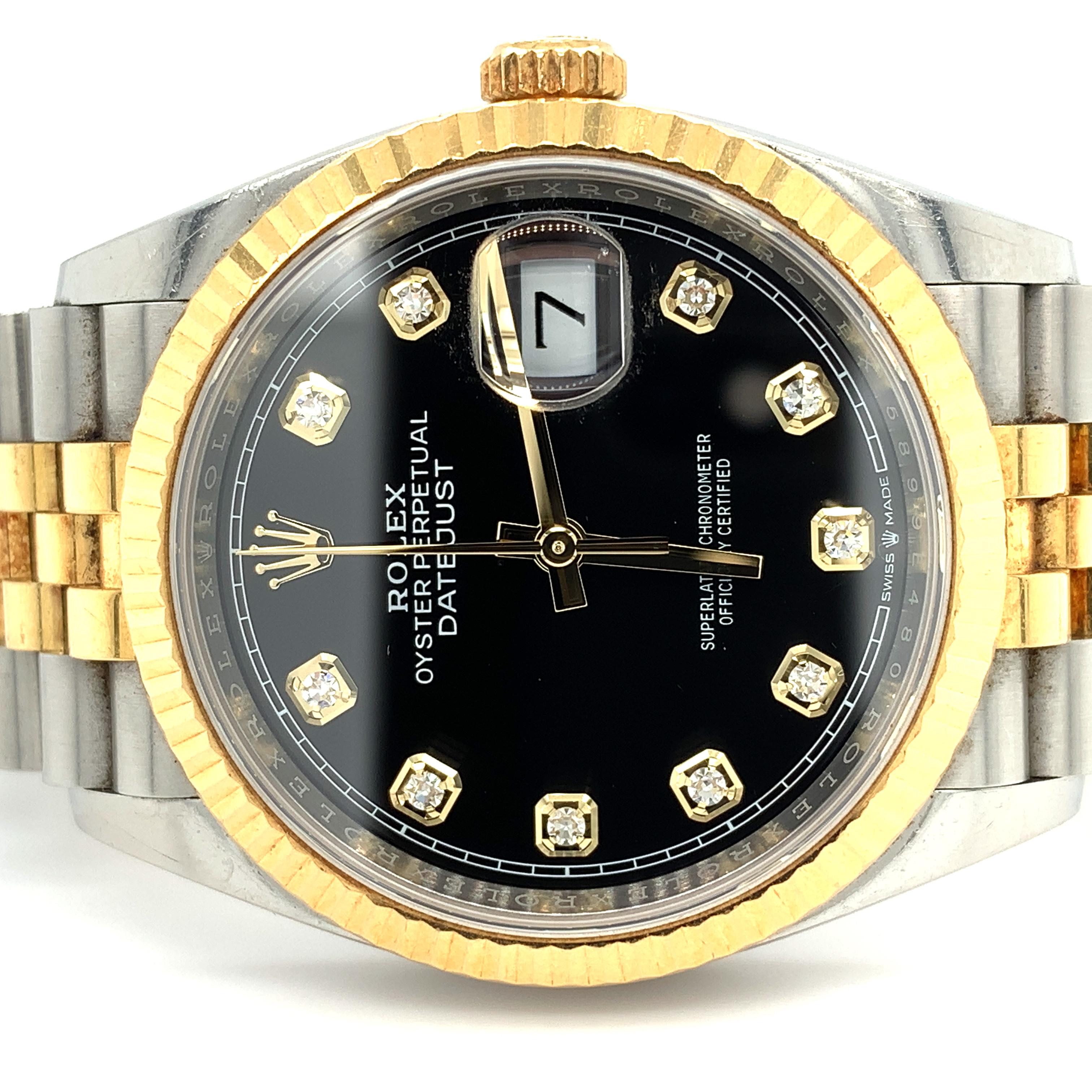 Rolex datejust 36 Oyster Stahl- und Gelbgold-Zifferblatt mit schwarzem Diamantenbesatz 126233 (Moderne) im Angebot