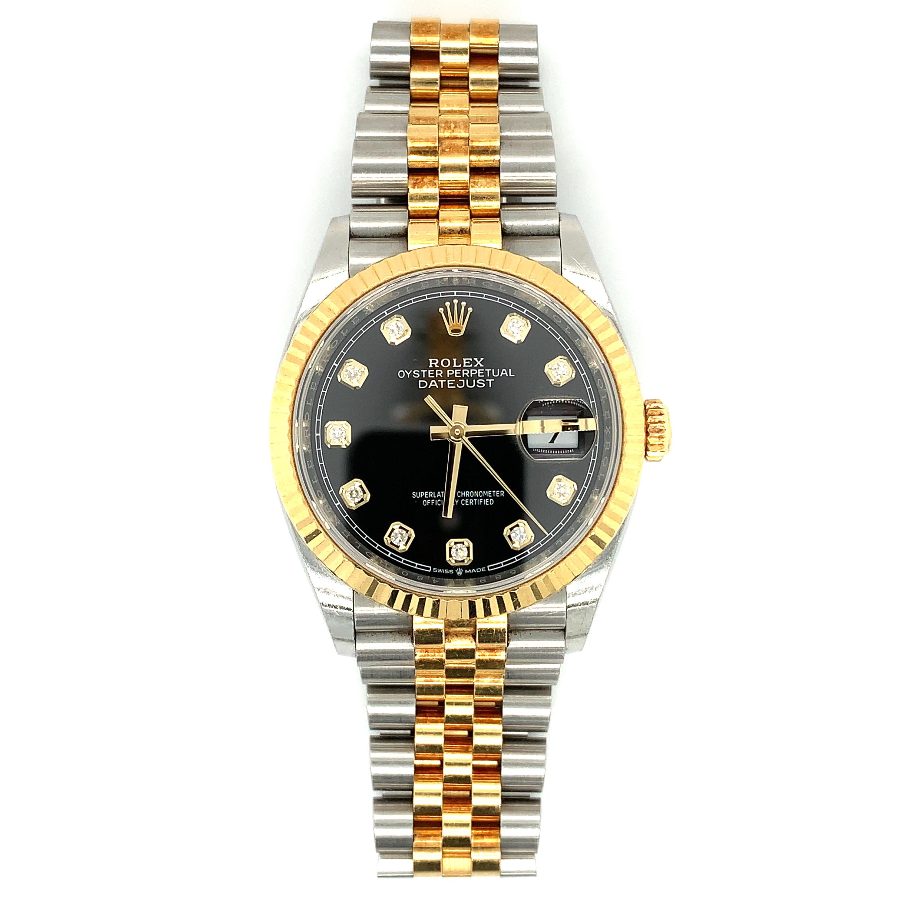 Rolex datejust 36 Oyster Stahl- und Gelbgold-Zifferblatt mit schwarzem Diamantenbesatz 126233 (Rundschliff) im Angebot