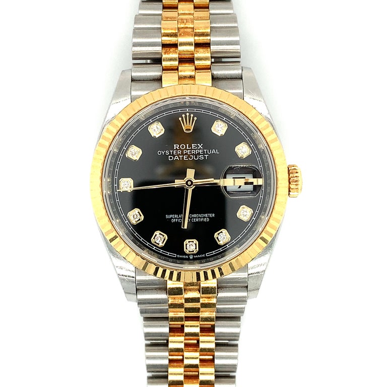 Rolex datejust 36 oyster acciaio e oro giallo quadrante nero con diamanti incastonati 126233