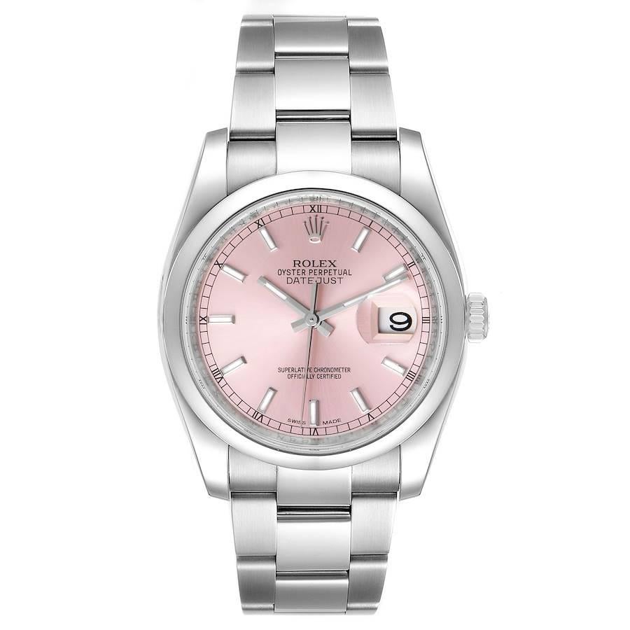 Rolex Datejust 36 Pink Baton Dial Steel Mens Watch 116200 Box Card. Officially certified chronometer self-winding movement with quickset date. Stainless steel case 36.0 mm in diameter. High polished lugs. Rolex logo on a crown. Stainless steel