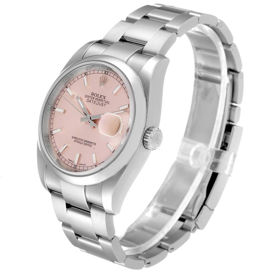 Rolex Datejust 36 Pink Baton Dial Steel Mens Watch 116200 Box Card In Excellent Condition For Sale In Atlanta, GA