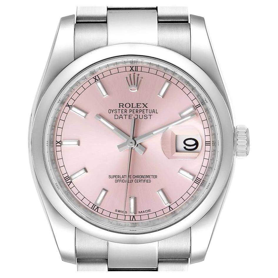 Rolex Datejust 36 Pink Baton Dial Steel Mens Watch 116200 Box Card For Sale