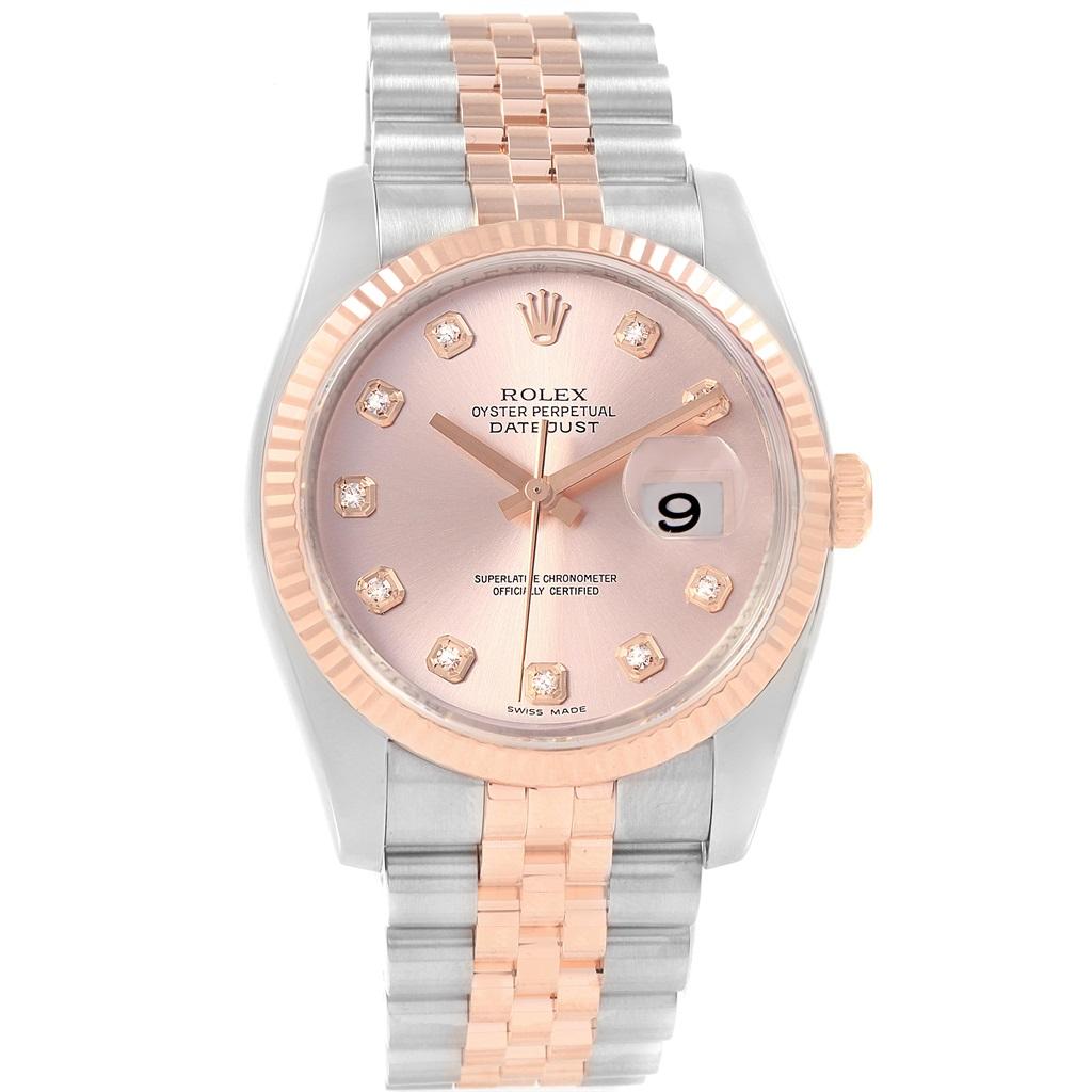 Rolex Datejust 36 Pink Dial Steel EveRose Gold Diamond Watch 126231. Officially certified chronometer automatic self-winding movement. Stainless steel case 36.0 mm in diameter. High polished lugs. Rolex logo on a 18K rose gold crown. 18k rose gold