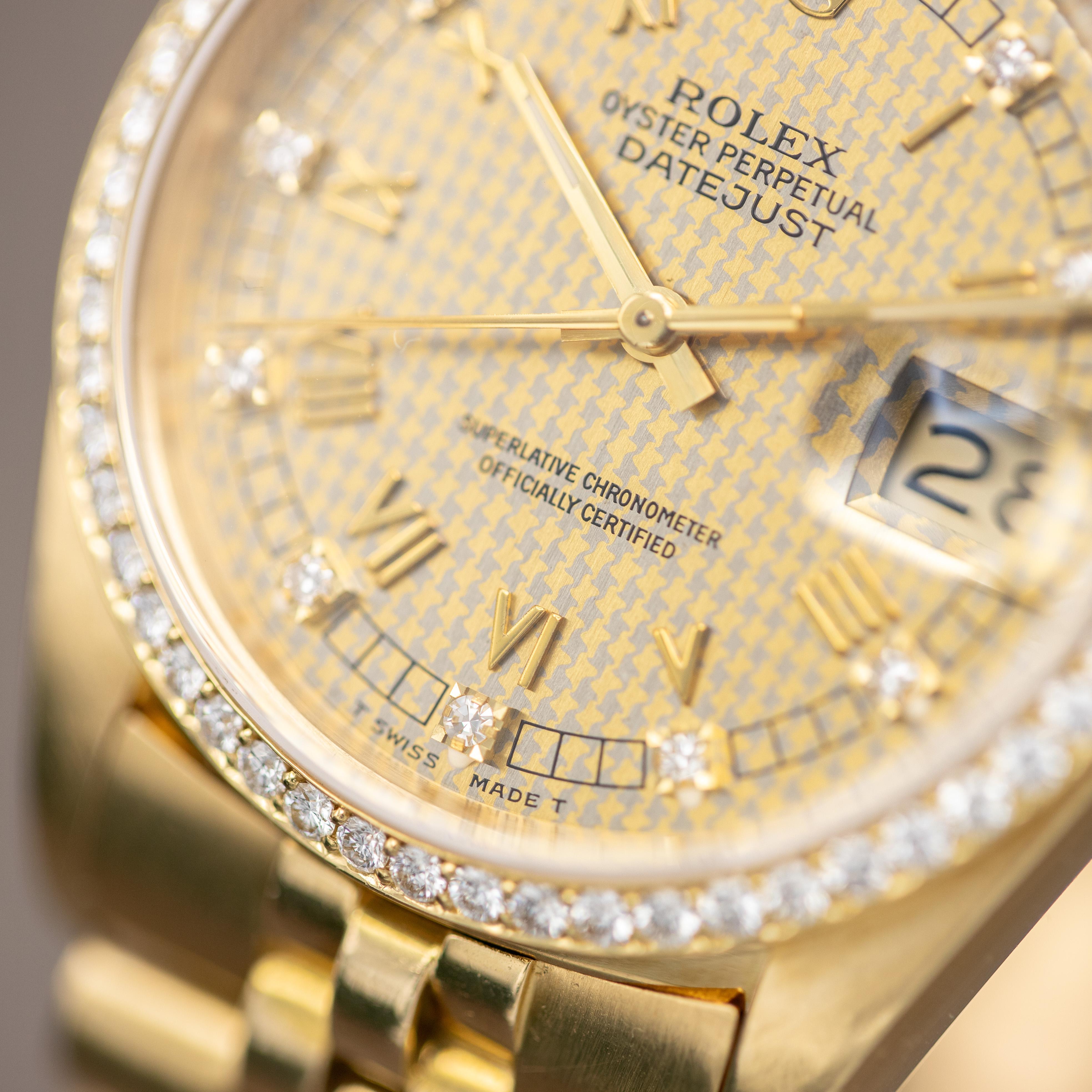Brilliant Cut Rolex Datejust 36 - Rare Houndstooth Diamond Dial, Vintage 18k Yellow Gold watch