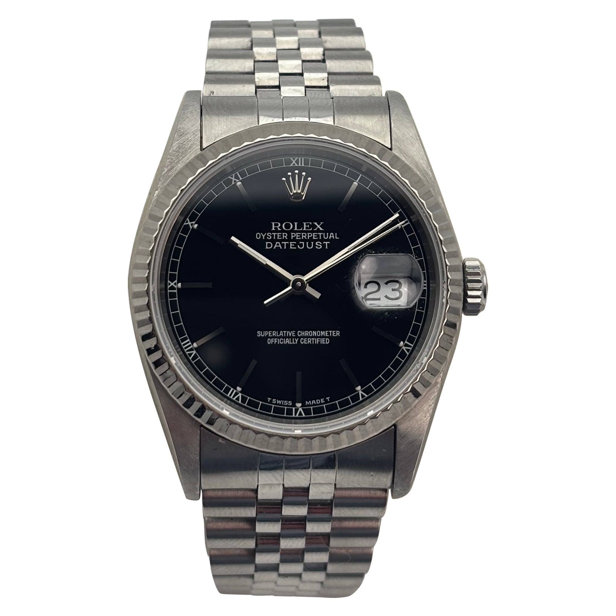Rolex Datejust 36mm White Rolesor Automatic Watch, Black Dial, 1994