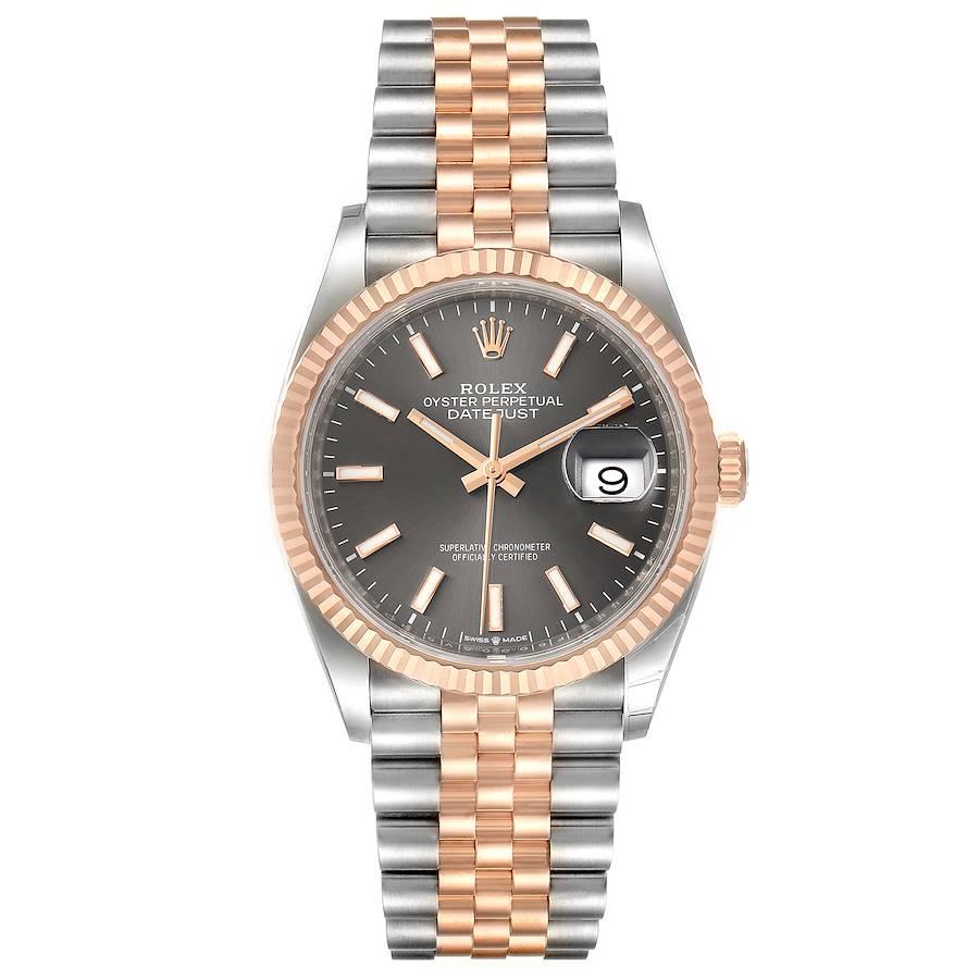 Rolex Datejust 36 Rhodium Dial Steel EverRose Gold Watch 126231 Box Card. Officially certified chronometer self-winding movement. Stainless steel case 36.0 mm in diameter. High polished lugs. Rolex logo on a 18K rose gold crown. 18k rose gold fluted
