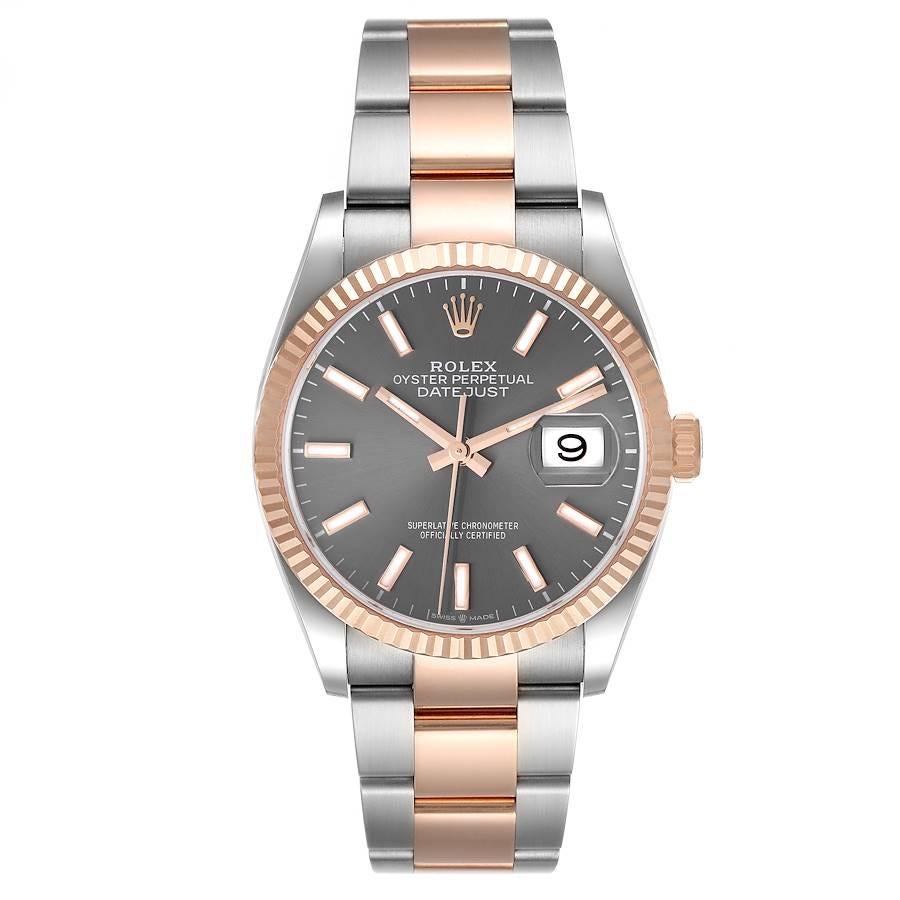 Rolex Datejust 36 Rhodium Dial Steel EverRose Gold Watch 126231 Unworn. Officially certified chronometer self-winding movement. Stainless steel case 36.0 mm in diameter. High polished lugs. Rolex logo on a 18K rose gold crown. 18k rose gold fluted