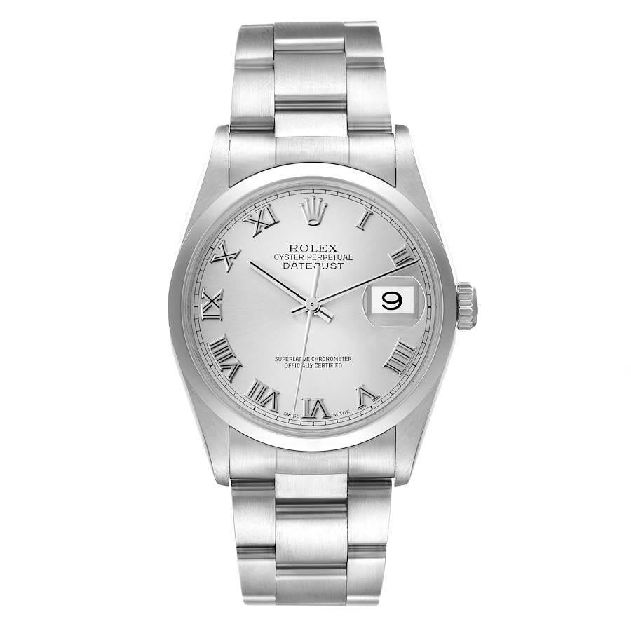 Rolex Datejust 36 Rhodium Roman Dial Steel Mens Watch 16200 Box Papers. Officially certified chronometer automatic self-winding movement. Stainless steel oyster case 36 mm in diameter. Rolex logo on a crown. Stainless steel smooth bezel. Scratch