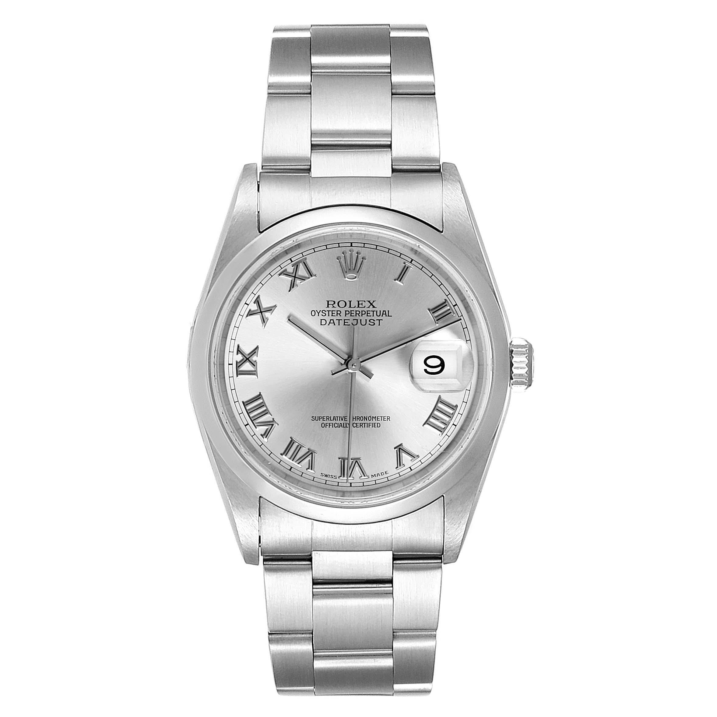 Rolex Datejust 36 Rhodium Roman Dial Steel Mens Watch 16200. Officially certified chronometer automatic self-winding movement. Stainless steel oyster case 36 mm in diameter. Rolex logo on a crown. Stainless steel smooth bezel. Scratch resistant