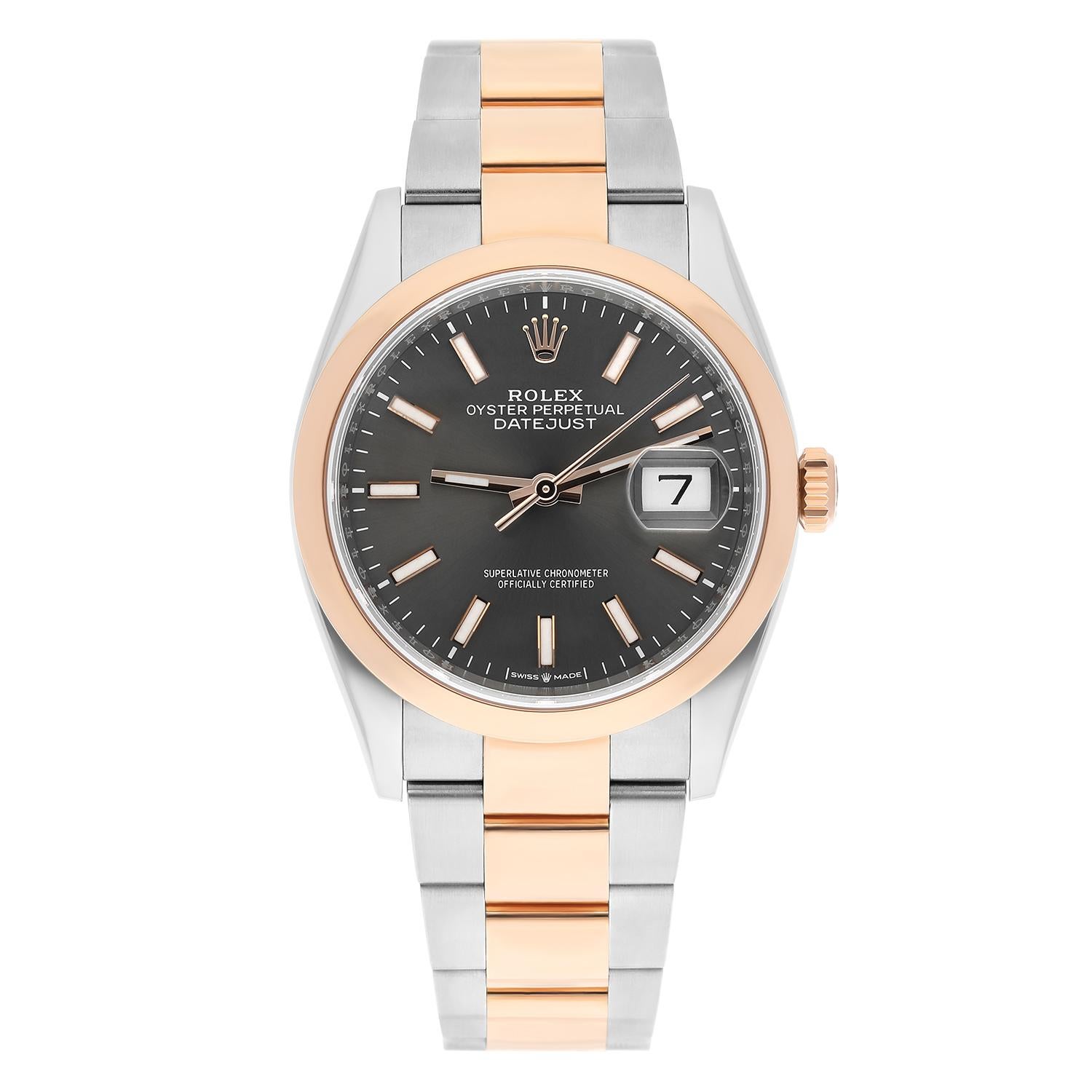 Rolex Datejust 36 Rose Gold/Steel Dark Rhodium Index Dial, Domed Bezel Oyster

This Rolex Datejust 126201 with a grey index dial and a oyster bracelet . This Rolex has been meticulously examined for water resistance, accuracy, functionality, and