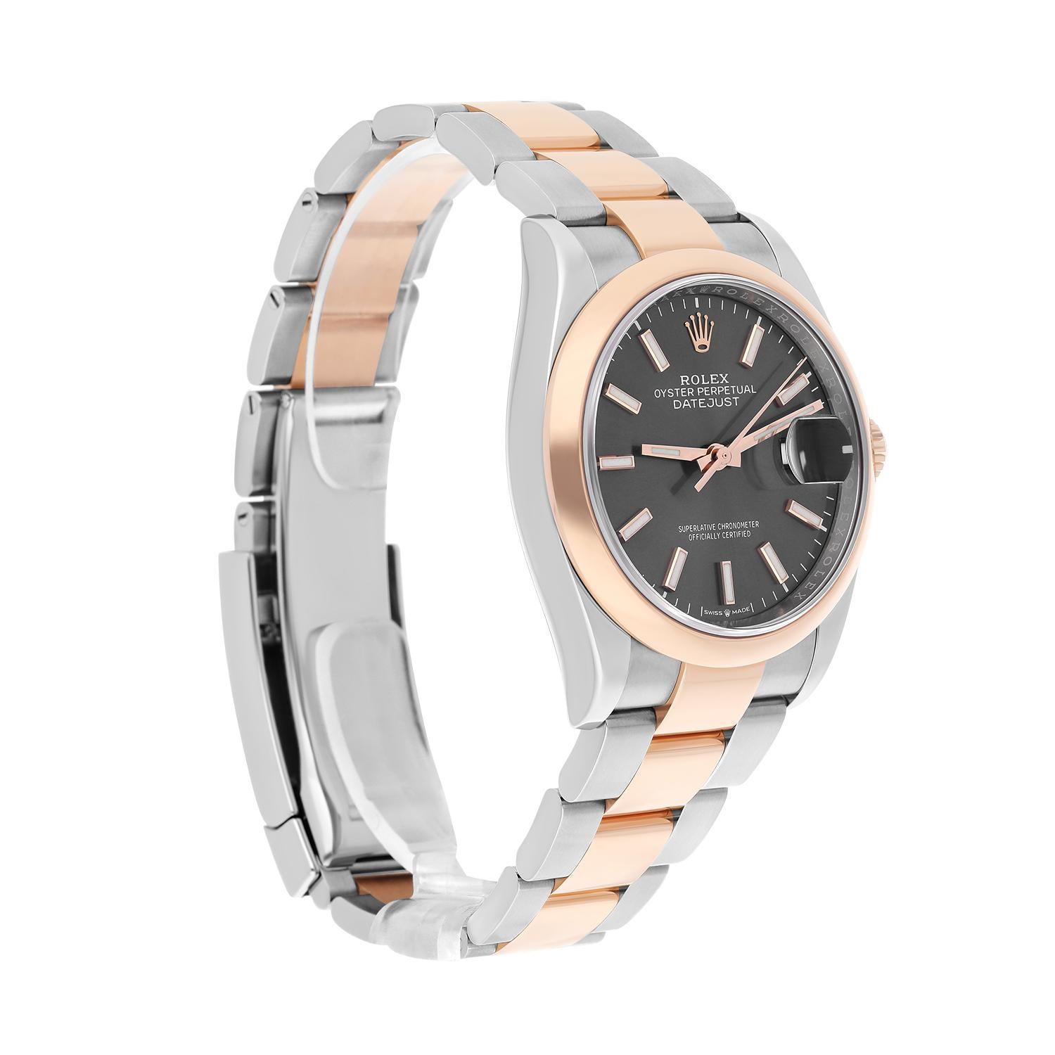 Rolex Datejust 36 Rose Gold/Steel Dark Rhodium Index Dial, Domed Bezel Oyster In Excellent Condition In New York, NY