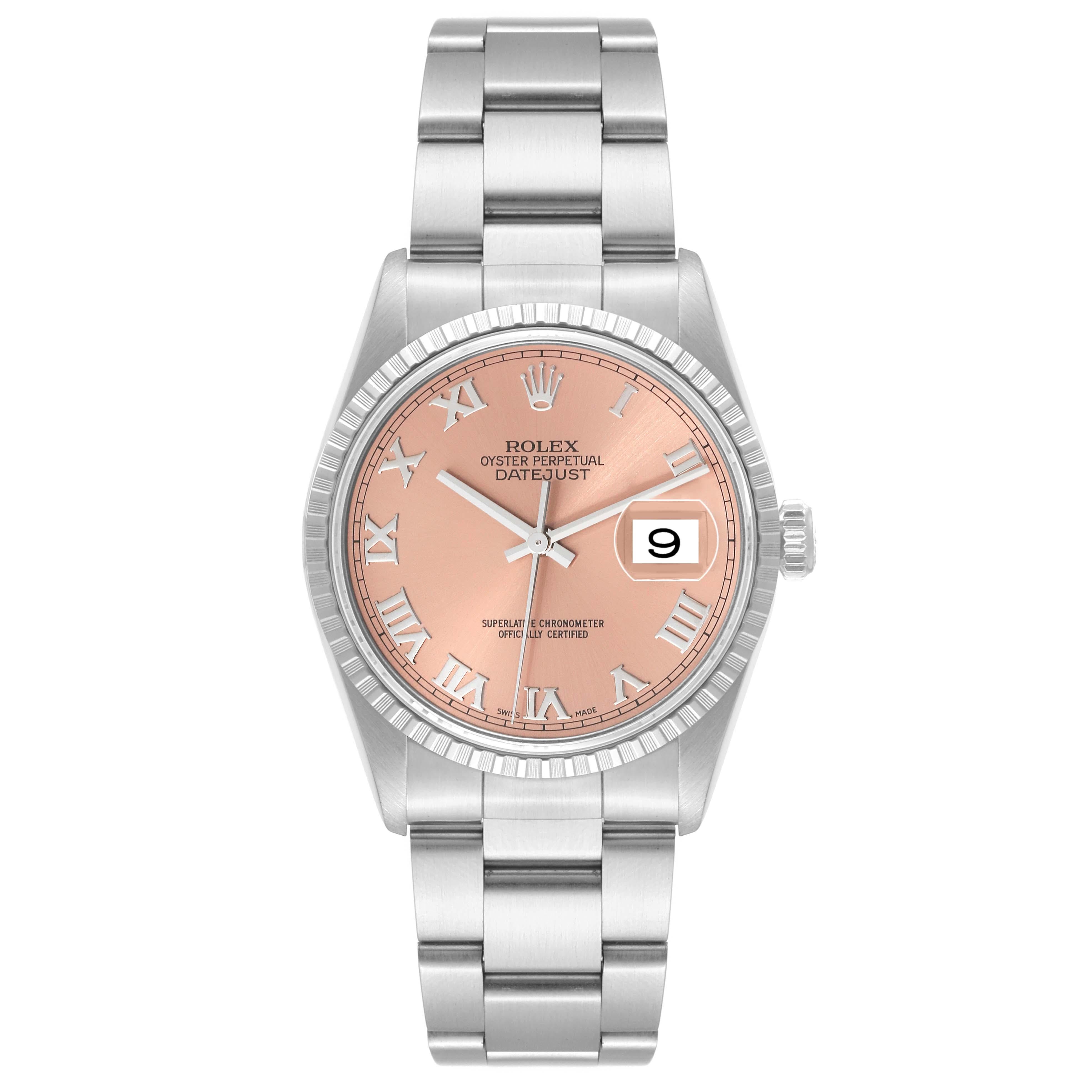 Rolex Datejust 36 Salmon Roman Dial Steel Mens Watch 16220 Box Papers. Officially certified chronometer automatic self-winding movement. Stainless steel oyster case 36 mm in diameter. Rolex logo on a crown. Stainless steel engine turned bezel.