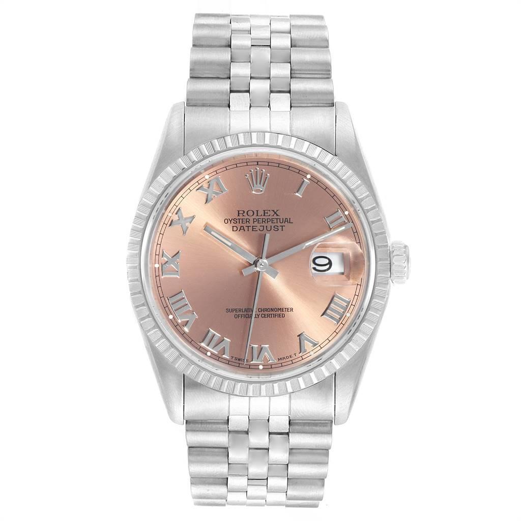 Rolex Datejust 36 Salmon Roman Dial Steel Mens Watch 16220. Officially certified chronometer self-winding movement with quickset date function. Stainless steel oyster case 36 mm in diameter. Rolex logo on a crown. Stainless steel engine turned