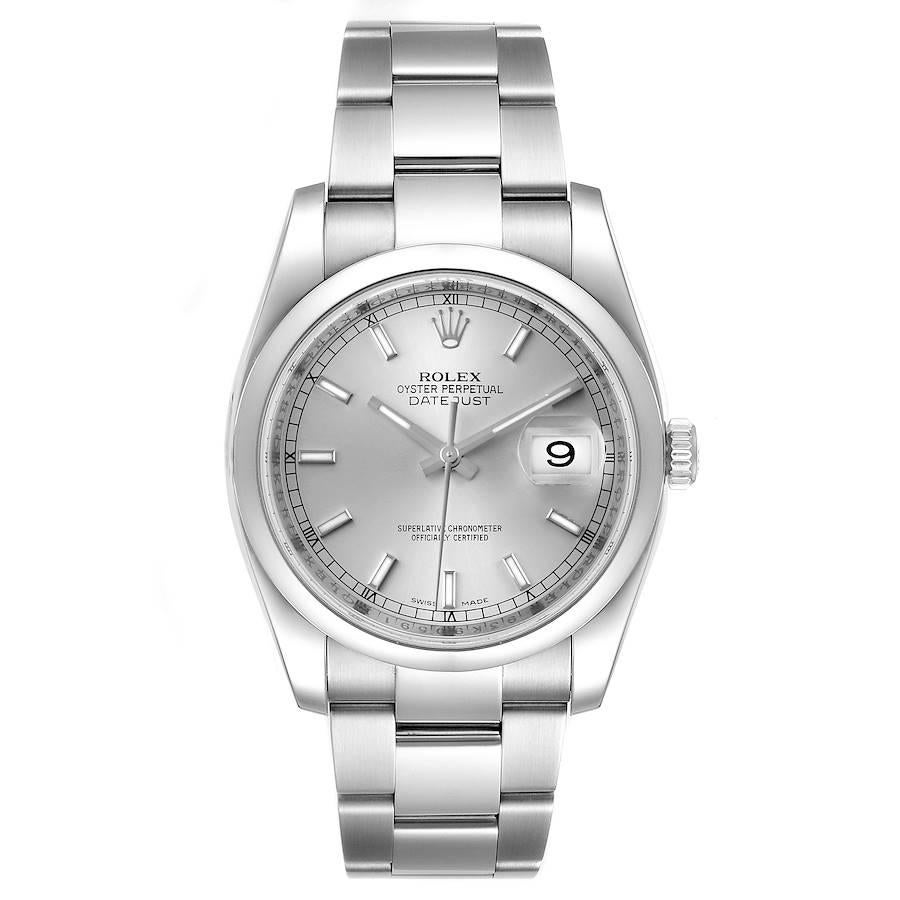 Rolex Datejust 36 Silver Baton Dial Steel Mens Watch 116200 Box Papers. Officially certified chronometer self-winding movement with quickset date. Stainless steel case 36.0 mm in diameter. High polished lugs. Rolex logo on a crown. Stainless steel
