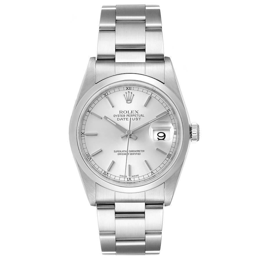 Rolex Datejust 36 Silver Baton Dial Steel Mens Watch 16200 Box. Officially certified chronometer self-winding movement with quickset date. Stainless steel case 36.0 mm in diameter. High polished lugs. Rolex logo on a crown. Stainless steel smooth