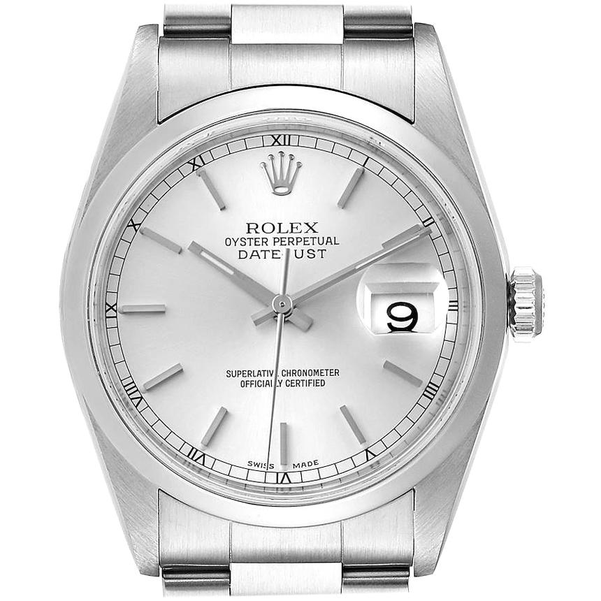 Rolex Datejust 36 Silver Baton Dial Steel Men's Watch 16200 Box