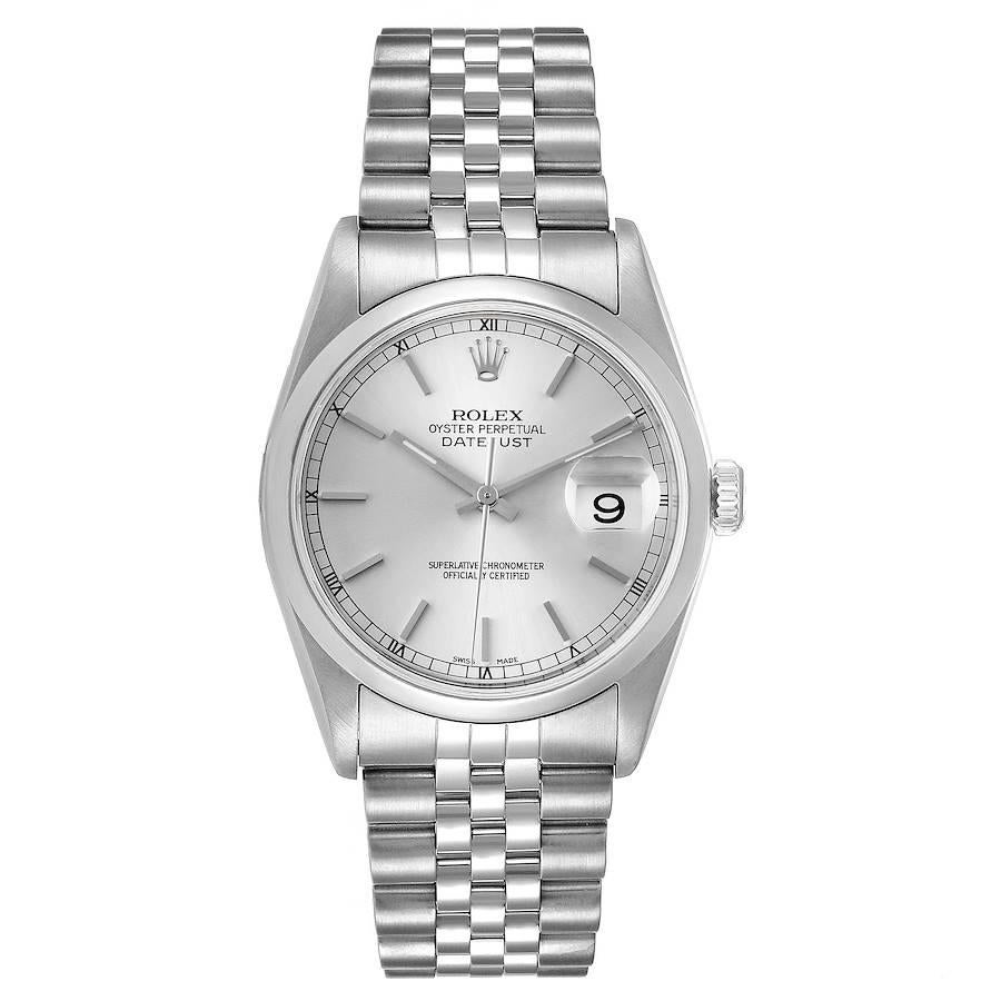 Rolex Datejust 36 Silver Baton Dial Steel Mens Watch 16200. Officially certified chronometer self-winding movement with quickset date. Stainless steel case 36.0 mm in diameter. High polished lugs. Rolex logo on a crown. Stainless steel smooth domed