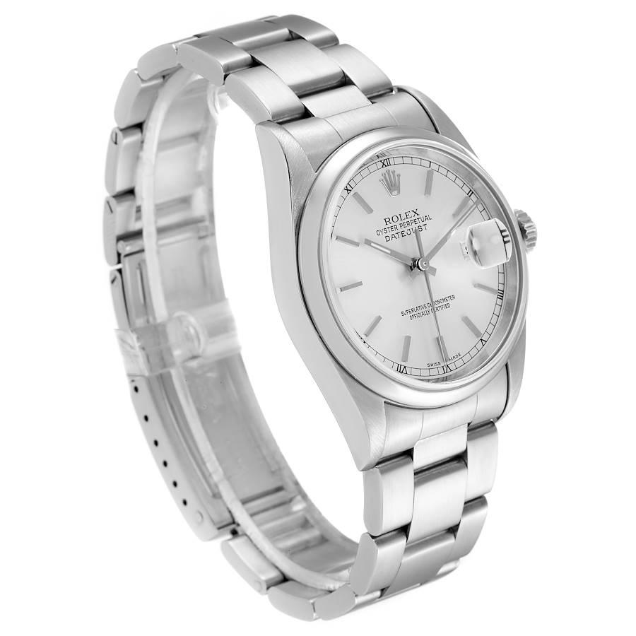 Rolex Datejust 36 Silver Baton Dial Steel Mens Watch 16200 In Excellent Condition For Sale In Atlanta, GA