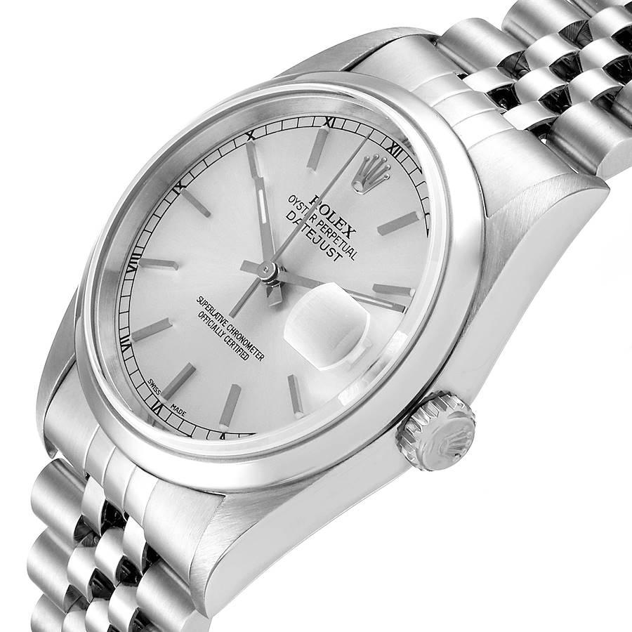 Rolex Datejust 36 Silver Baton Dial Steel Men's Watch 16200 In Excellent Condition For Sale In Atlanta, GA