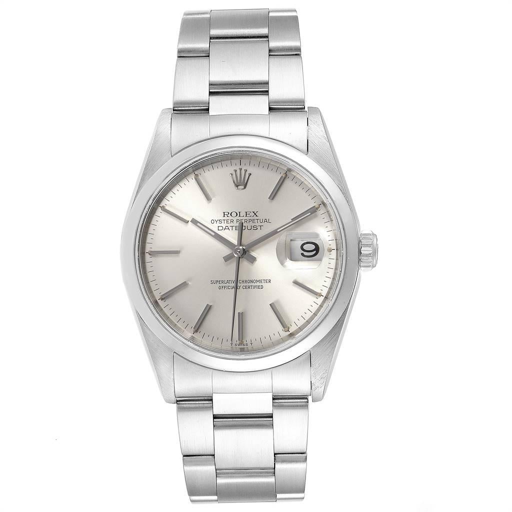 Rolex Datejust 36 Silver Dial Oyster Bracelet Steel Mens Watch 16200. Officially certified chronometer automatic self-winding movement. Stainless steel oyster case 36 mm in diameter. Rolex logo on a crown. Stainless steel smooth bezel. Scratch