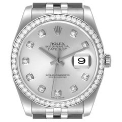 Rolex Datejust 36 Silver Diamond Dial Bezel Unisex Watch 116244 Box Card