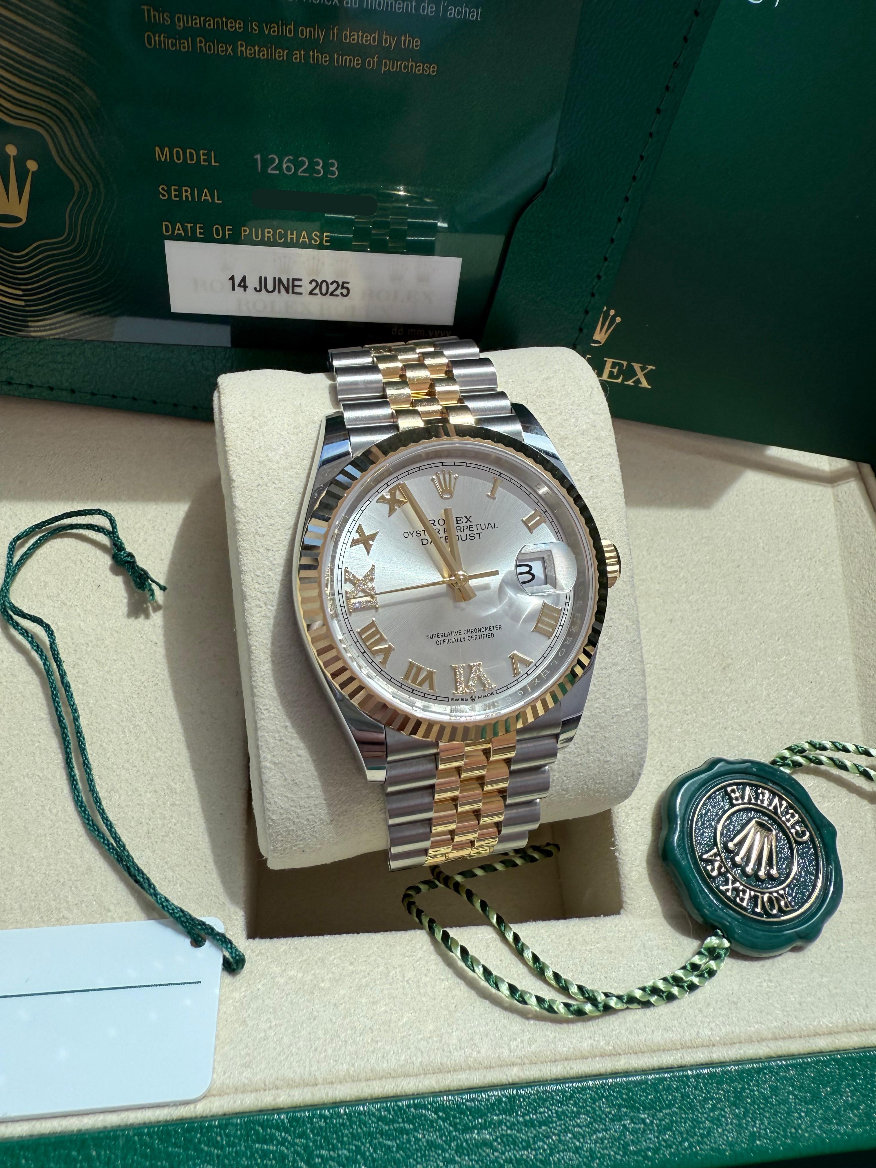 Rolex Datejust 36 Silver Roman 6-9 Diamond Dial Gold Steel Jubilee Watch 126233 For Sale 4