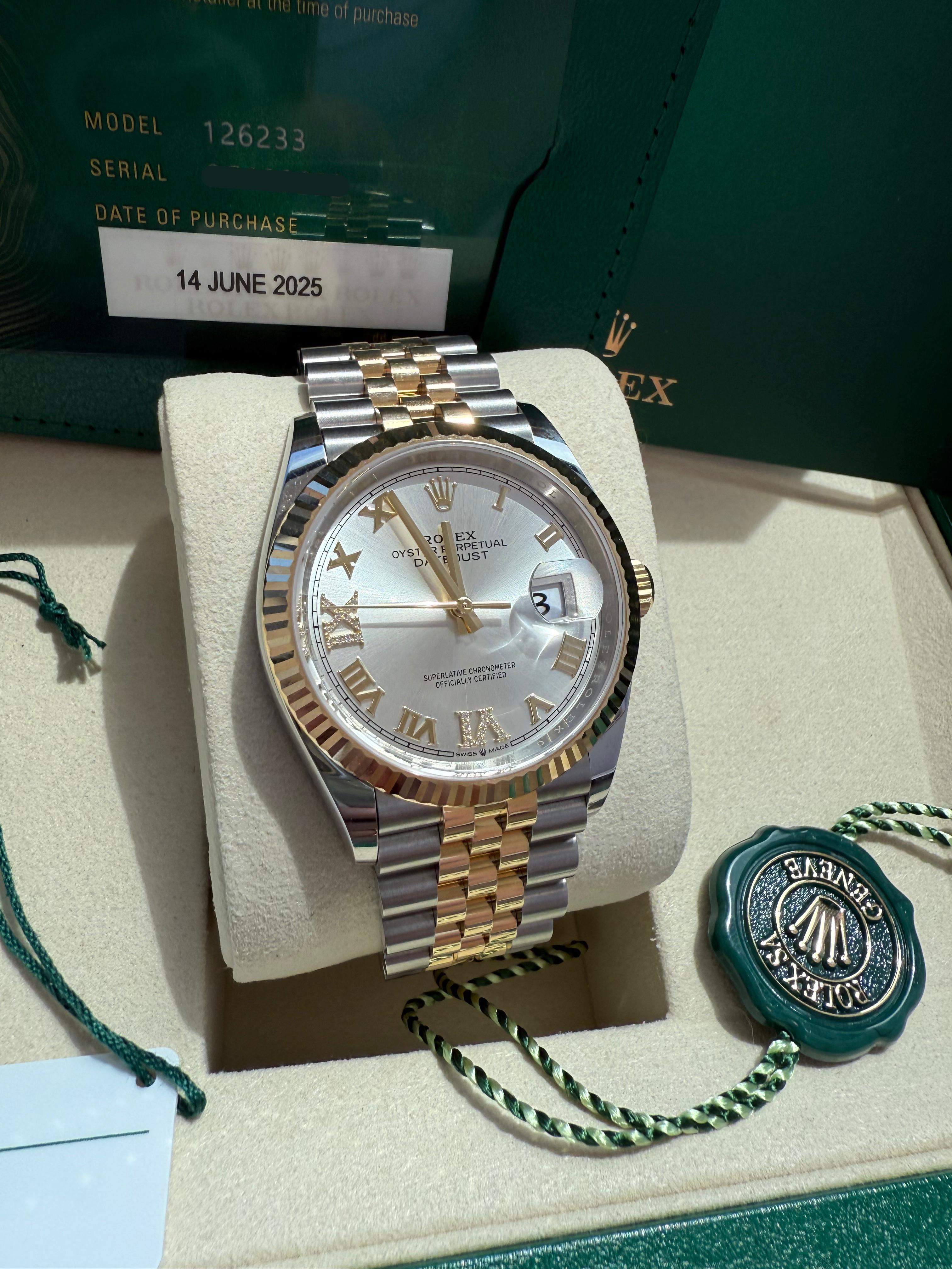 Rolex Datejust 36 Silver Roman 6-9 Diamond Dial Gold Steel Jubilee Watch 126233 For Sale 5