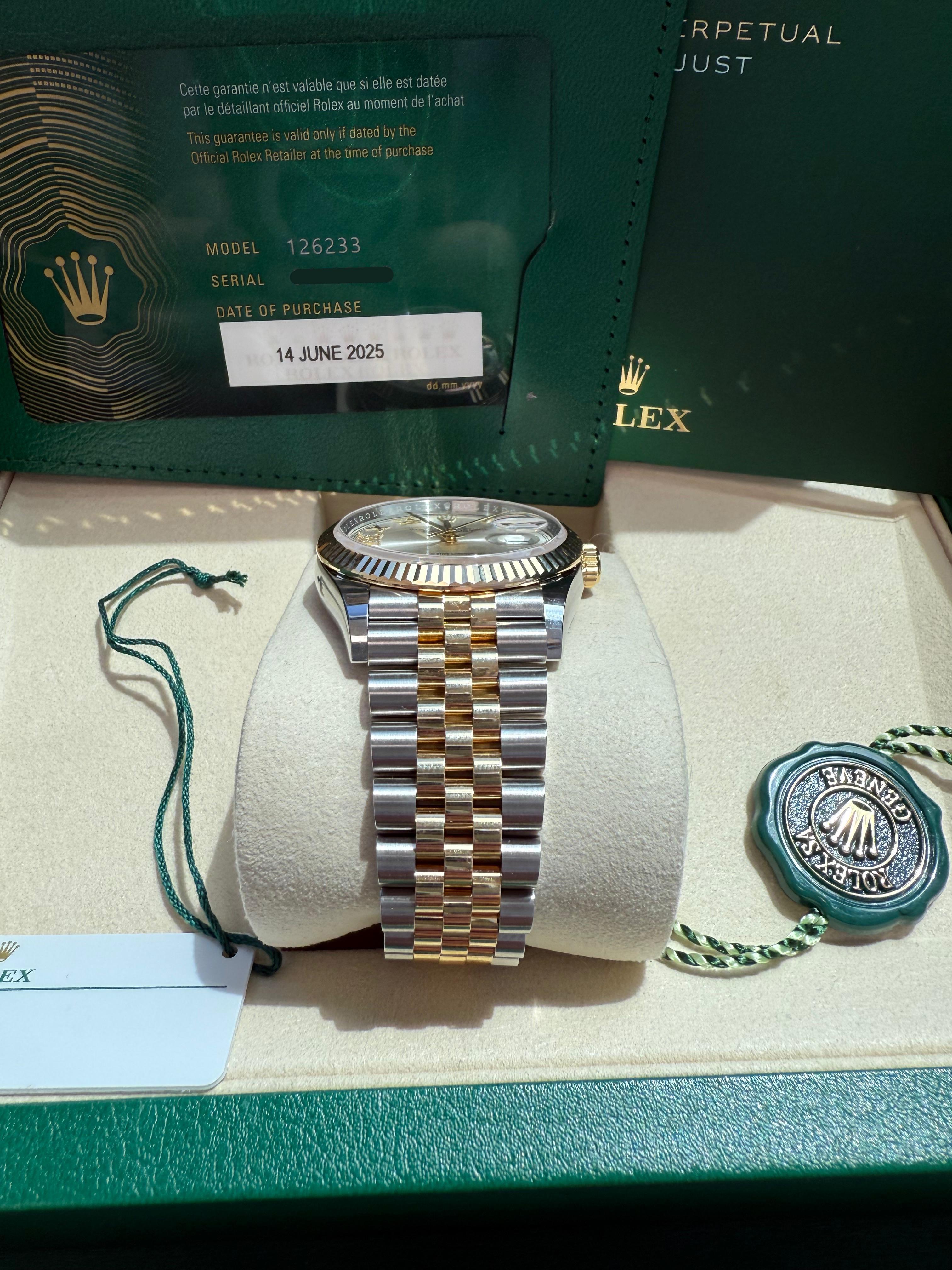 Rolex Datejust 36 Silver Roman 6-9 Diamond Dial Gold Steel Jubilee Watch 126233 For Sale 8