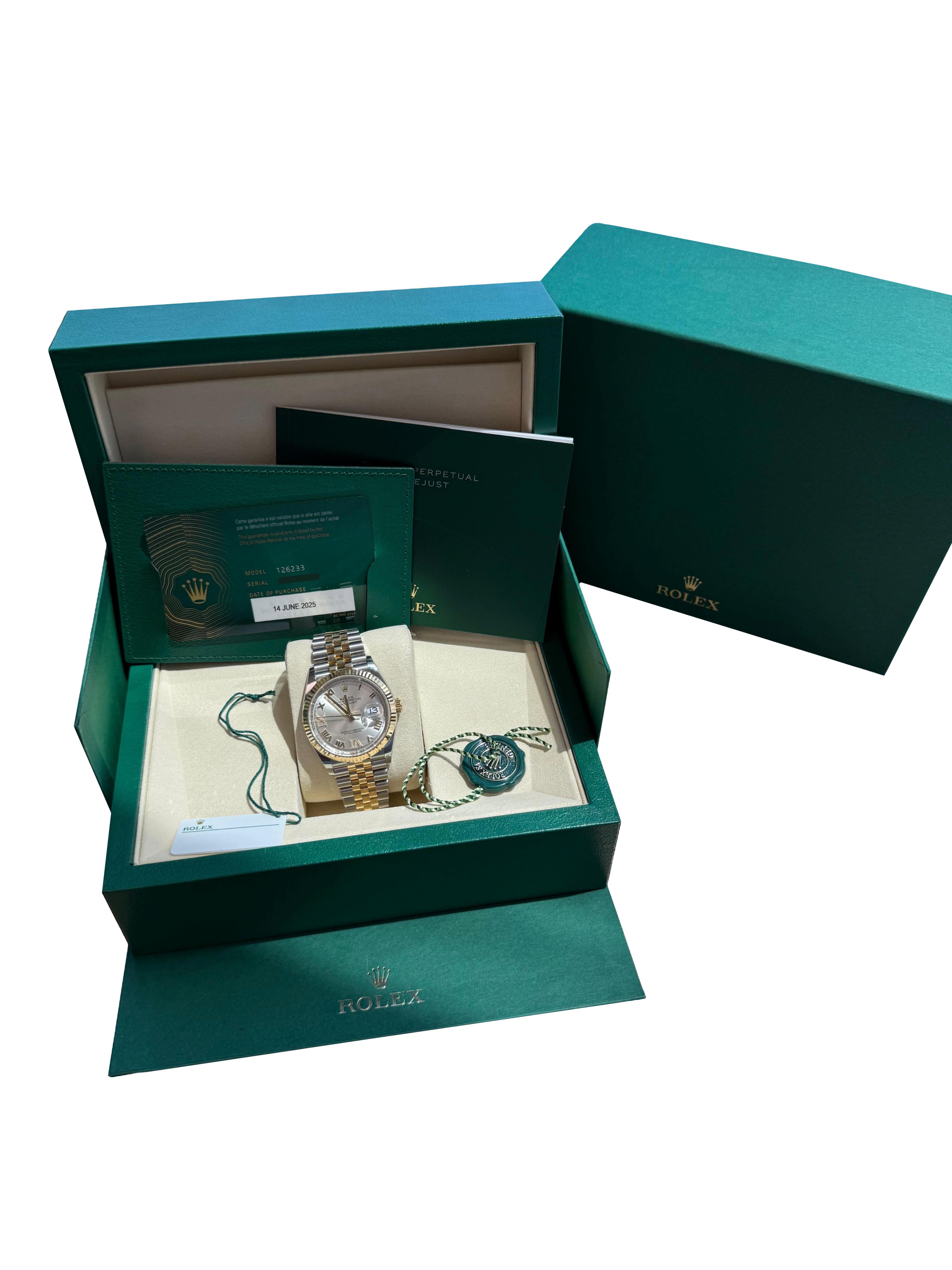 Modernist Rolex Datejust 36 Silver Roman 6-9 Diamond Dial Gold Steel Jubilee Watch 126233 For Sale