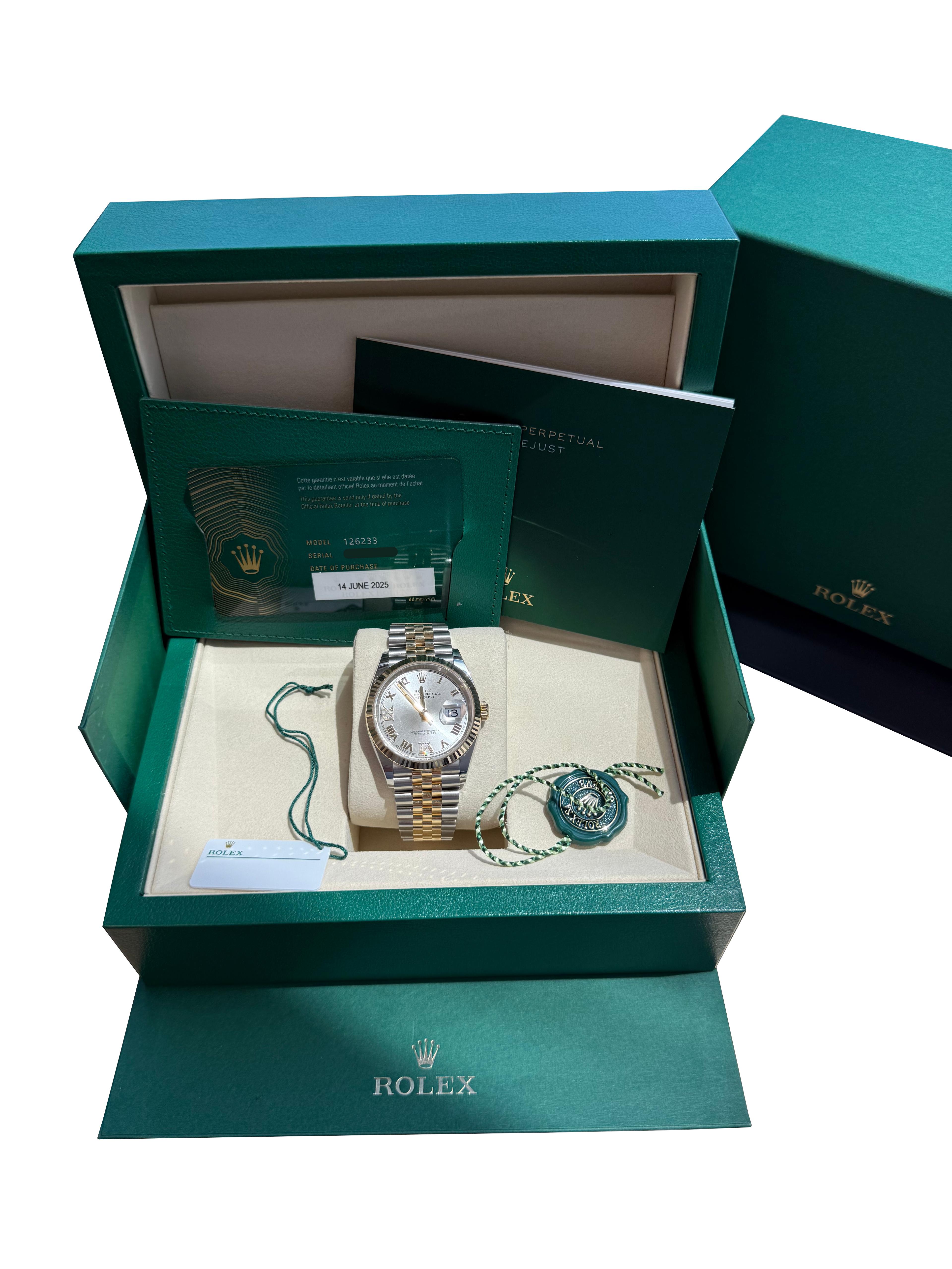Round Cut Rolex Datejust 36 Silver Roman 6-9 Diamond Dial Gold Steel Jubilee Watch 126233 For Sale
