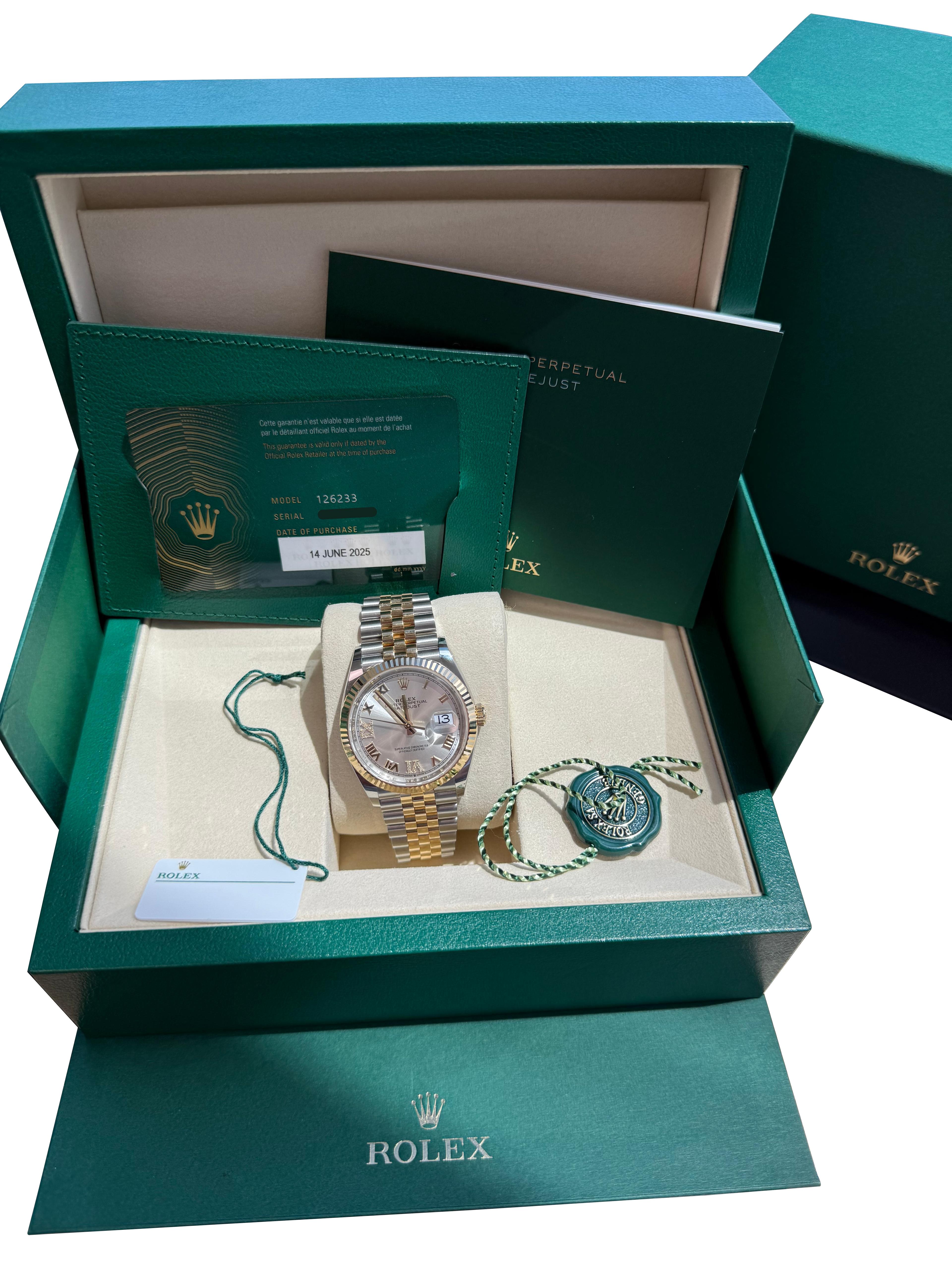 Rolex Datejust 36 Silver Roman 6-9 Diamond Dial Gold Steel Jubilee Watch 126233 In New Condition For Sale In Aventura, FL