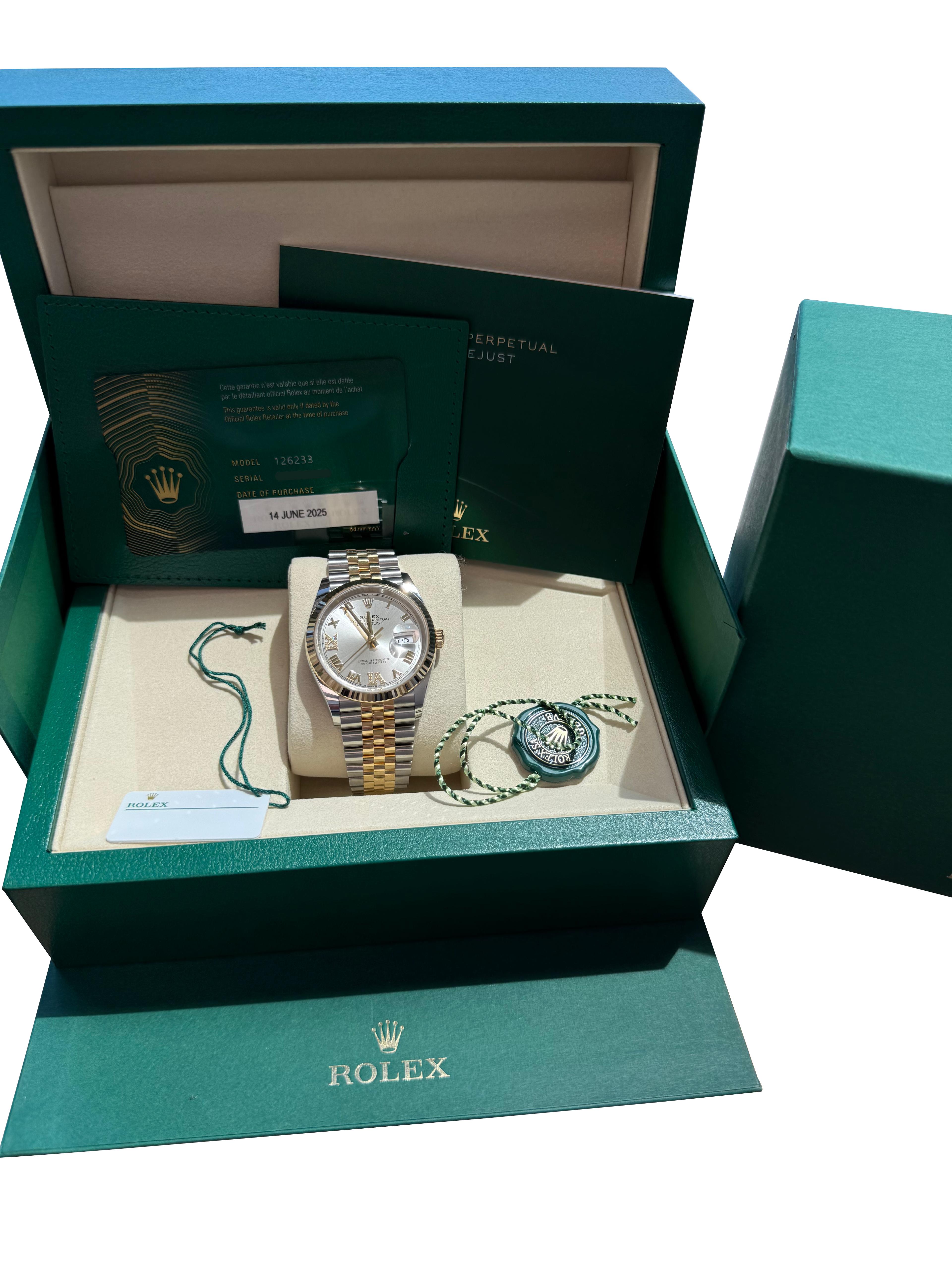 Rolex Datejust 36 Silver Roman 6-9 Diamond Dial Gold Steel Jubilee Watch 126233 For Sale 1